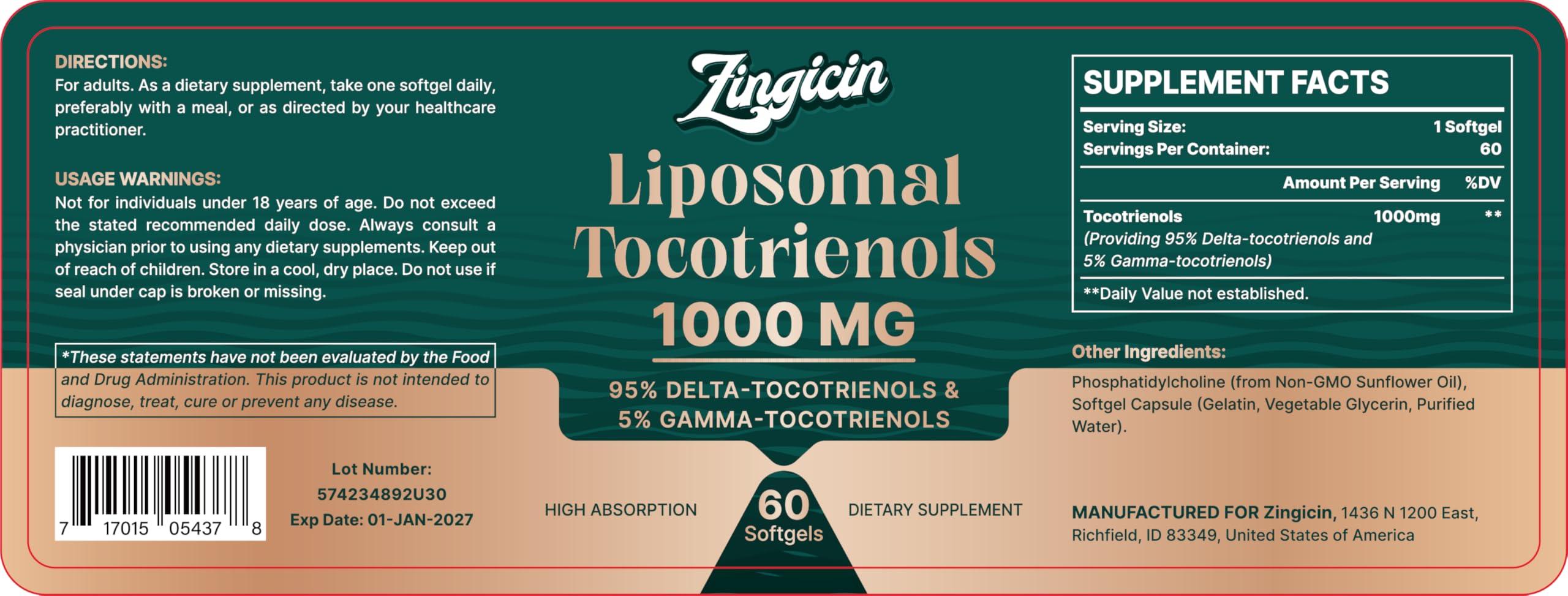 Zingicin Zingicin Vitamin E Tocotrienols - Liposomal Vitamin E Oil 1000mg, Highly Absorbable Delta Tocotrienol and Gamma Tocotrienol for Cardiovascular, Bone Health, and Antioxidant Support, 60 Softgels