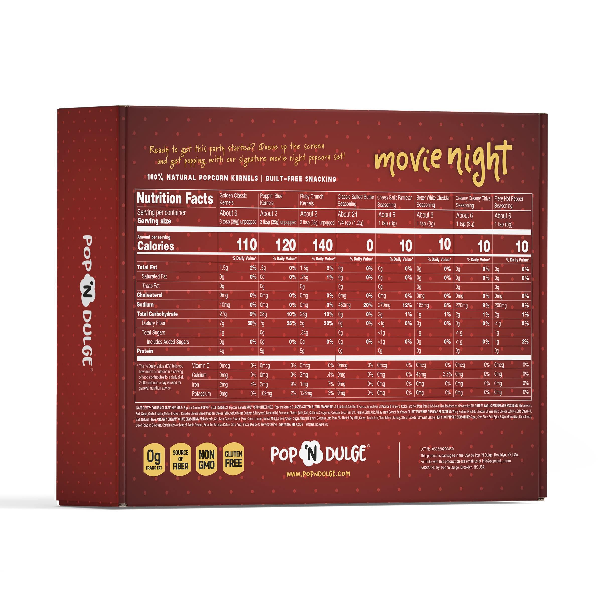 Pop n' Dulge Valentines Day Gifts Movie Night Popcorn Gift Set, Valentines Day Gifts For Her Him, 10 Piece Set, 5 Gourmet Popcorn Kernels and 5 Popcorn Seasoning Flavoring, Kosher, Non-GMO Romantic Movie Night Gift Baskets Gift Idea