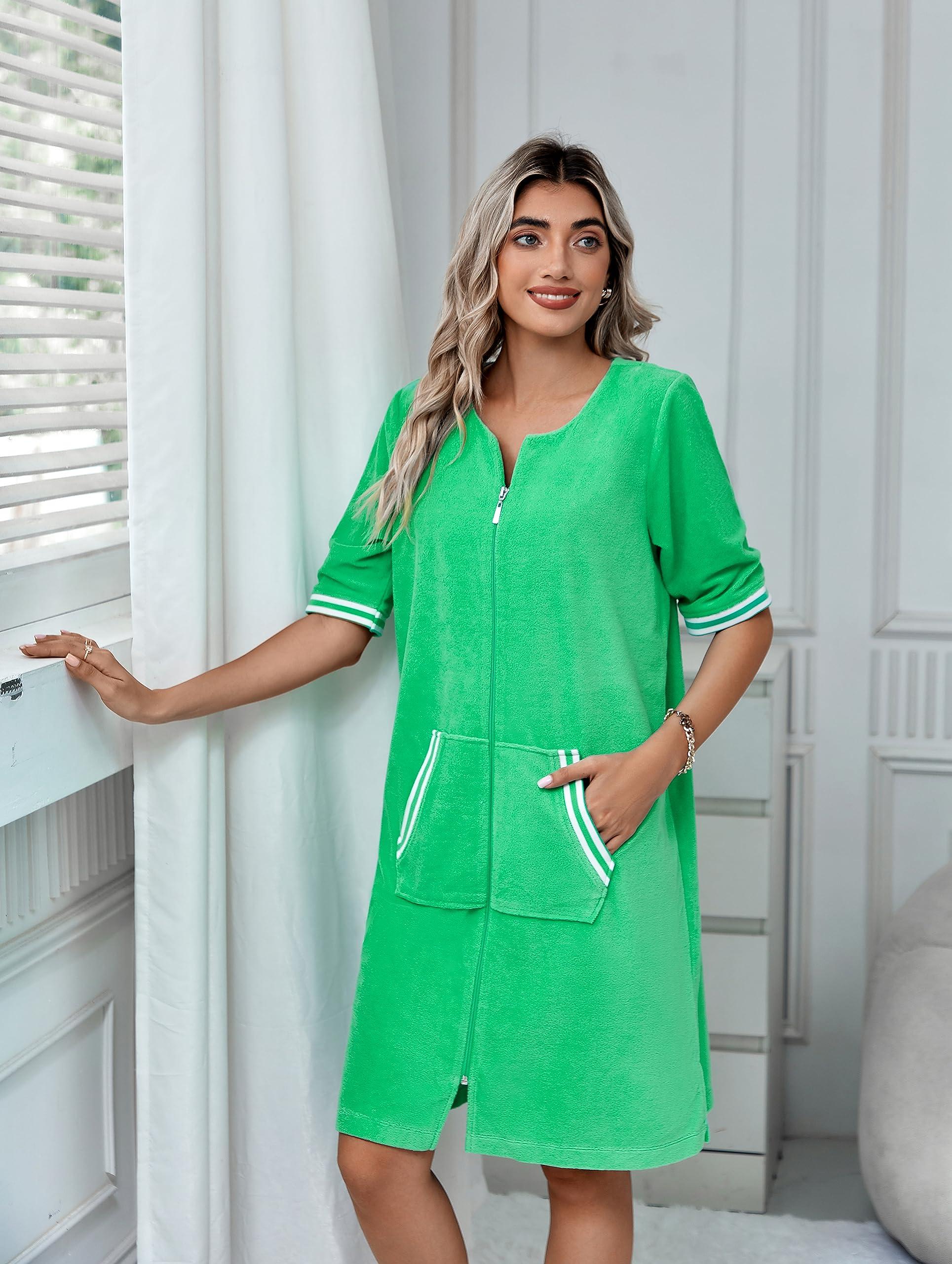 Richie House Richie House RH Housecoat Women Zipper Front Duster Robe 3/4 Lounger Housedress Pocket Nightgown S-3XL RHW4008-C-XL Green