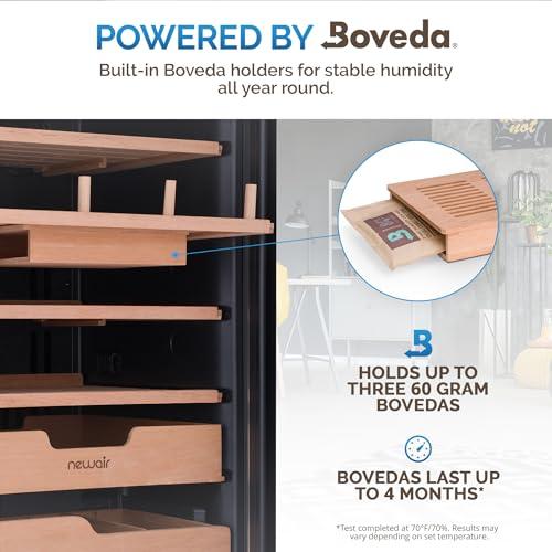 NewAir NewAir x Boveda 500 Count Electric Humidor, Spanish Cedar Shelves with Temperature Control, Cigar Humidor Box with Built-In Boveda Humidity Control in Stainless Steel