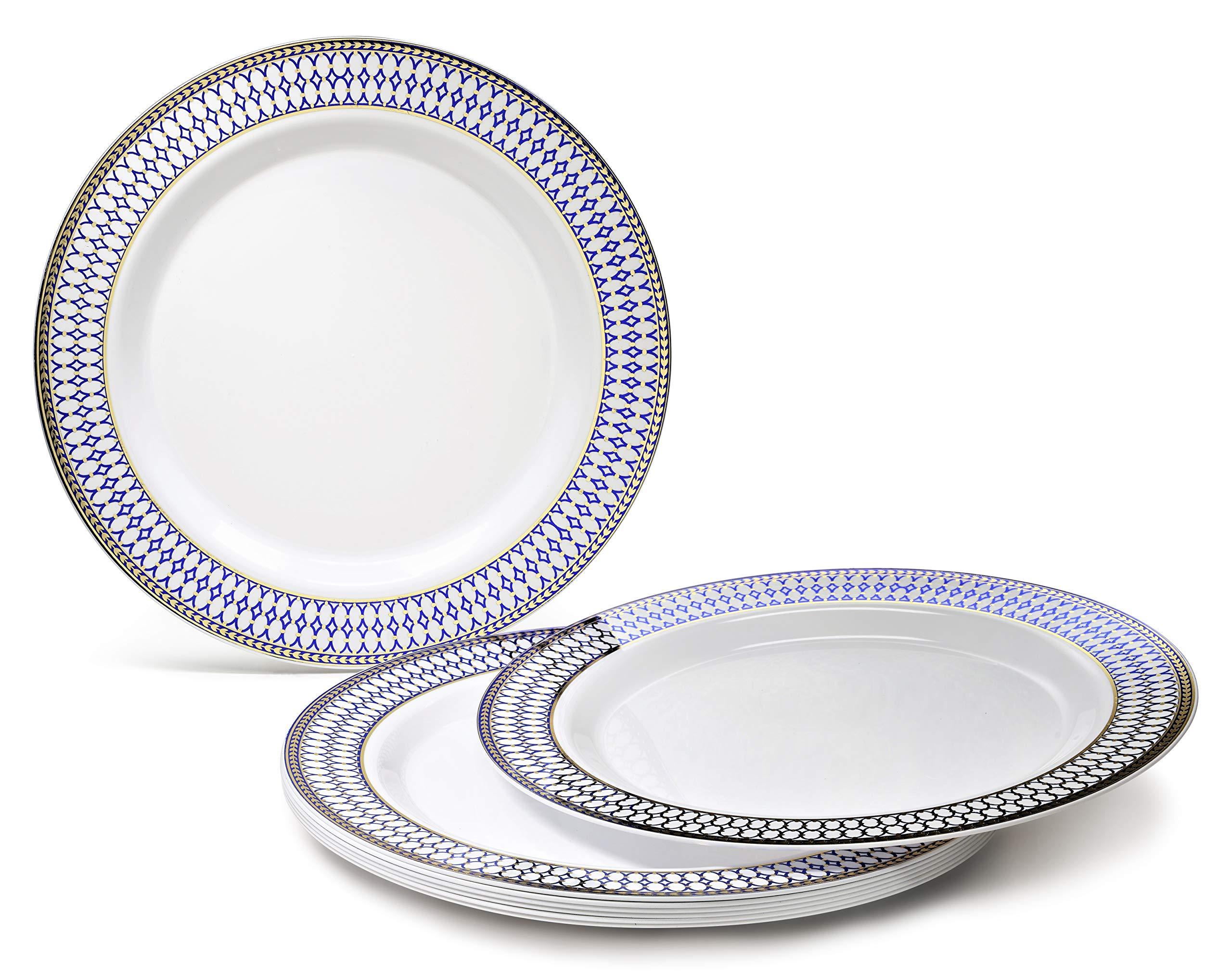 OCCASIONS FINEST PLASTIC TABLEWARE " OCCASIONS " 60 Plates Pack, Heavyweight Disposable Wedding Party Plastic Plates (7.5'' Appetizer/Dessert Plate, Odyssey in White/Blue & Gold)