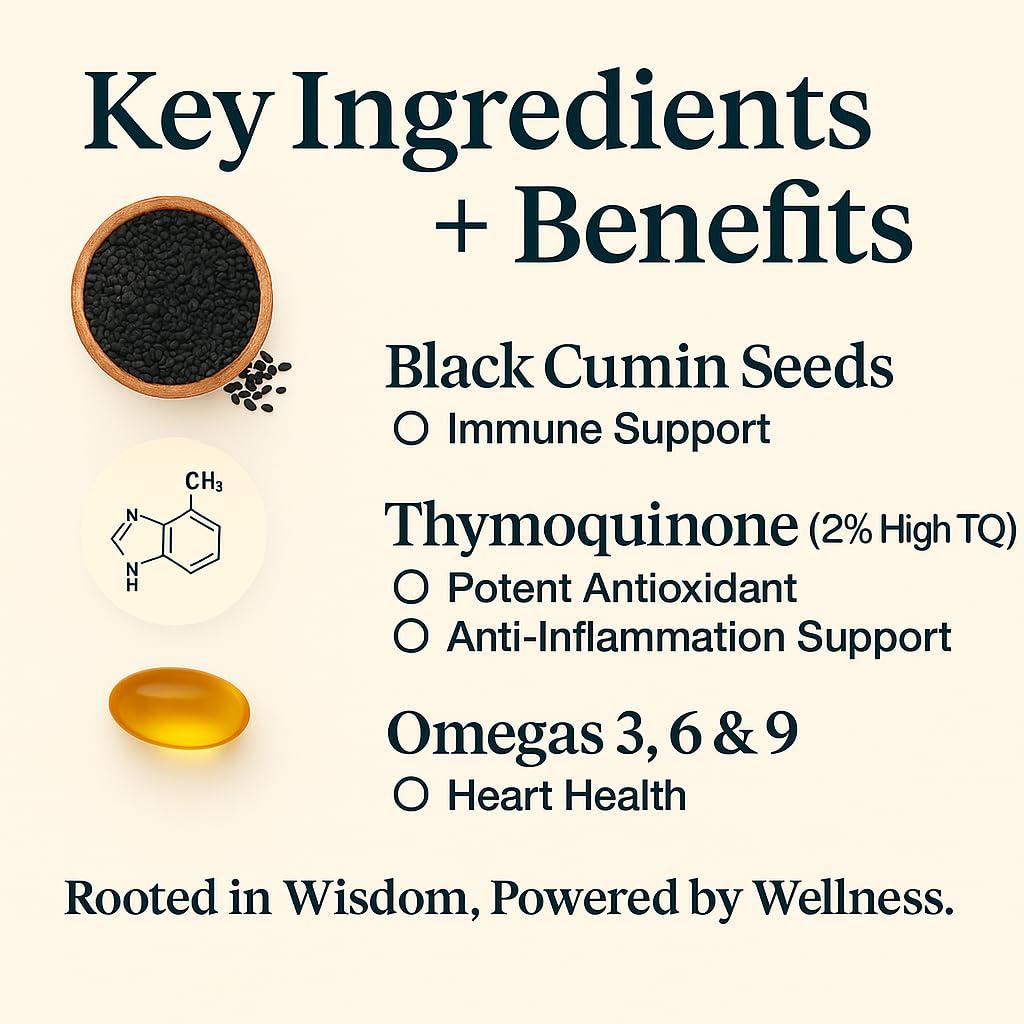 ORGANICS NATURE ORGANICS NATURE Black Seed Oil Capsules 1000MG Vegan Softgels, for Hair & Skin, Heart Support, Nigella Sativa - 100% Cold Pressed Cumin Seed Oil Capsules High Thymoquinone, Omega 3s