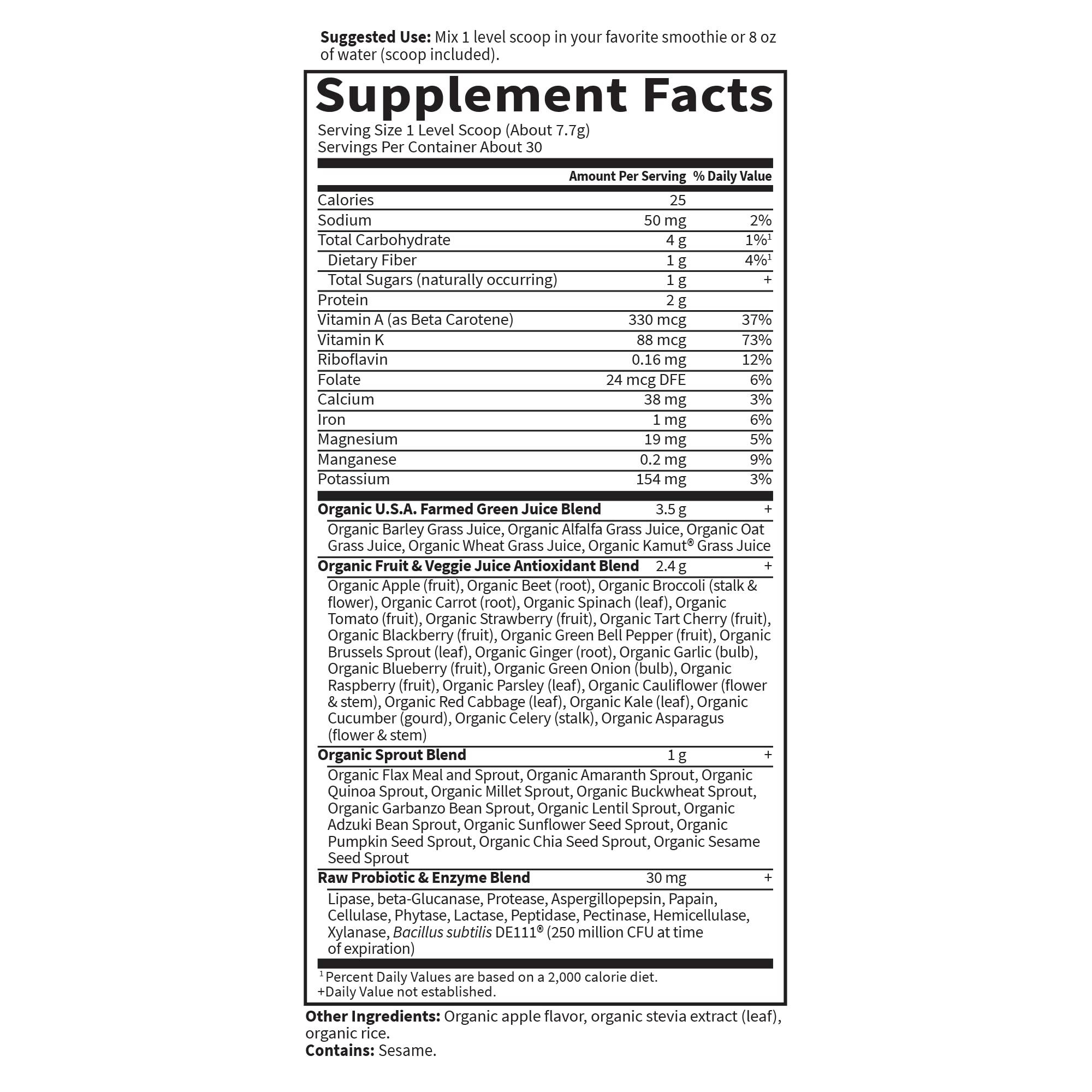 Garden of Life Garden of Life Raw Organic Perfect Food Green Superfood Juiced Greens Powder - Apple Flavor, 30 Servings - Vegan Gluten Free Whole Food Dietary Supplement, Greens Plus Probiotics & Enzymes