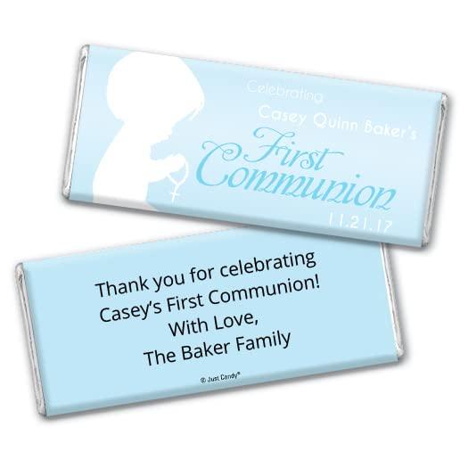 WH Candy Personalized First Communion Chocolate Bar Wrappers - Child in Prayer (25 Wrappers) - Sky