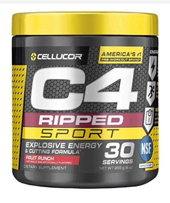 Cellucor C4 Ripped Sport Pre Workout Powder Fruit Punch - NSF Certified for Sport + Sugar Free & C4 Sport Pre Workout Powder Blue Raspberry - Pre Workout Energy