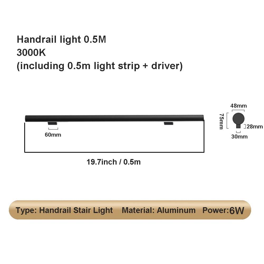 Sxlawesom LED Handrail, Lighted Staircase Handle with Light, Wall Mounted Hand Railings, Corridor Wall Light, Aluminum, with 2 Flush Endcaps (Color : Black, Size : 19.7\"/0.5m)
