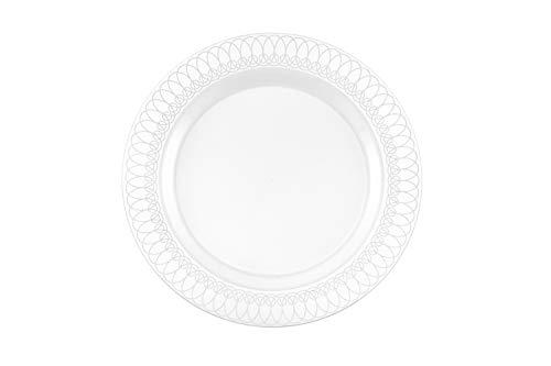 Crown Display Exquisite 40-Pack Silver Ovals Design Plastic Plates (20-dinner 20-dessert) Set Premium Heavyweight Plastic Wedding Plates Looks Like China…