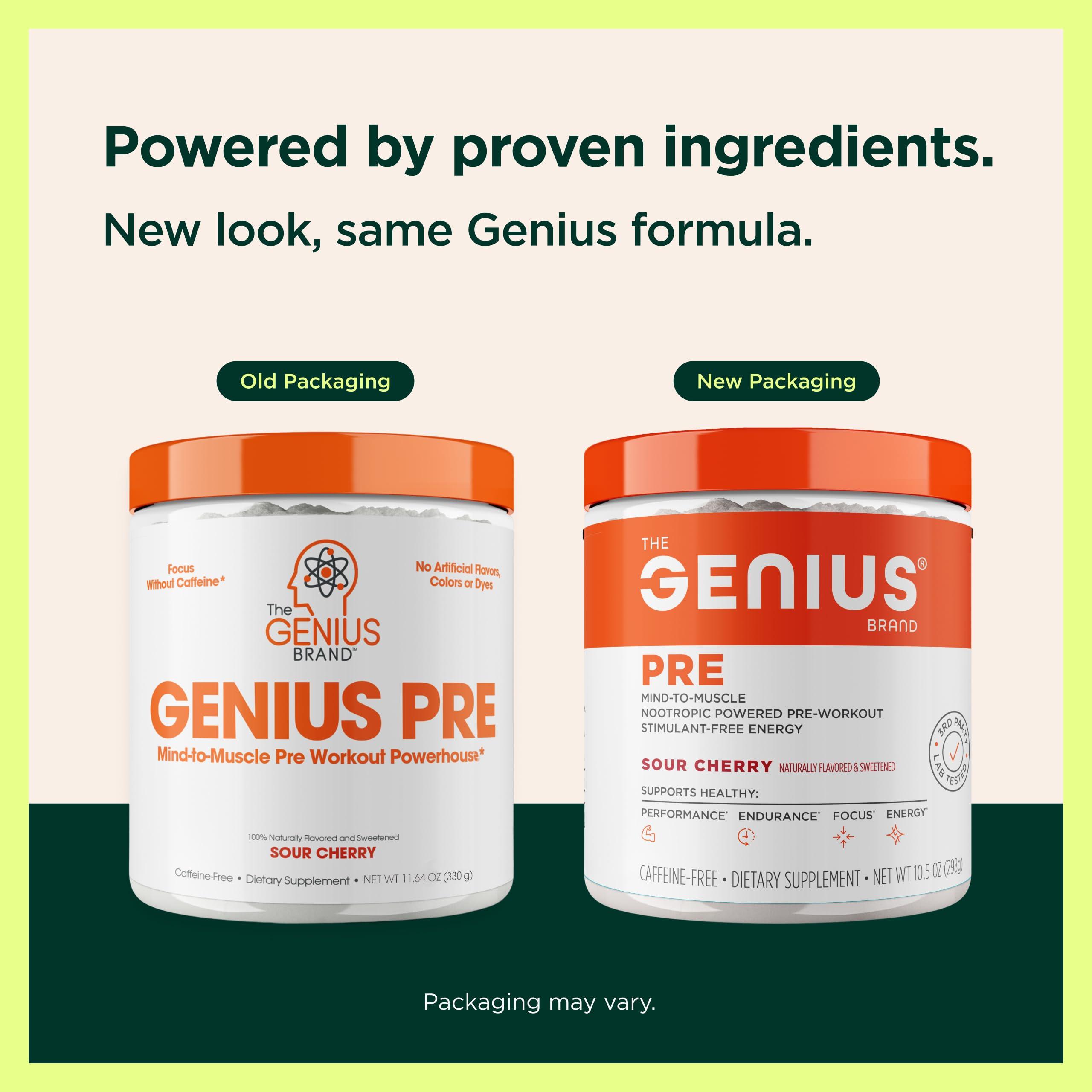 The Genius Brand Genius Energized Pre Workout Powder, Sour Cherry - Caffeine Free Pre-Workout Booster Supplement with Beta Alanine & Alpha GPC - No Artificial Sweetener or Dyes