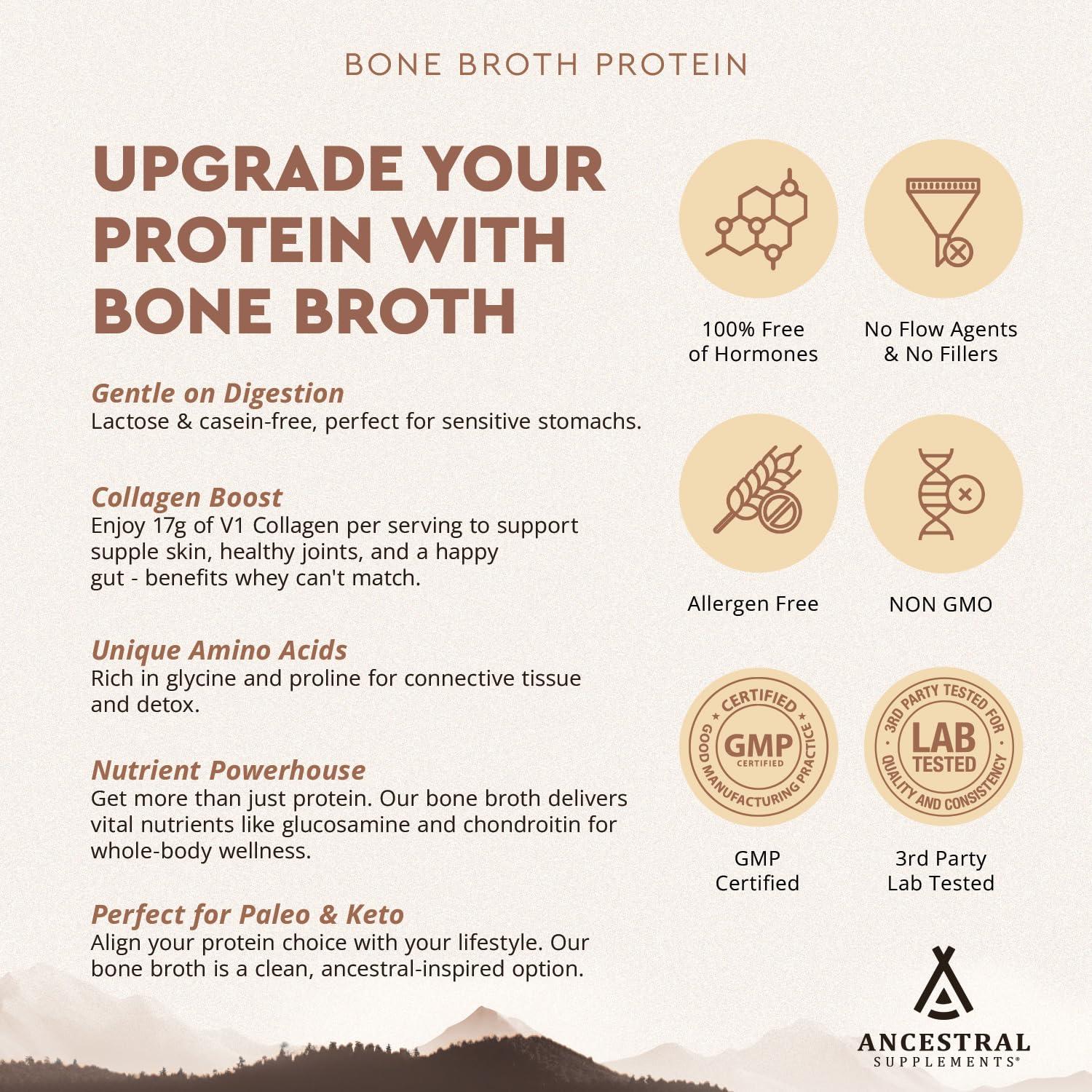 Ancestral Supplements Ancestral Supplements Grass Fed Protein Powder, Chocolate, Beef Bone Broth Based w/Beef Organs & Organic Mushrooms, Gut Health Support, High Protein Supplement, 20g Protein Per Serving, 30 Day Supply