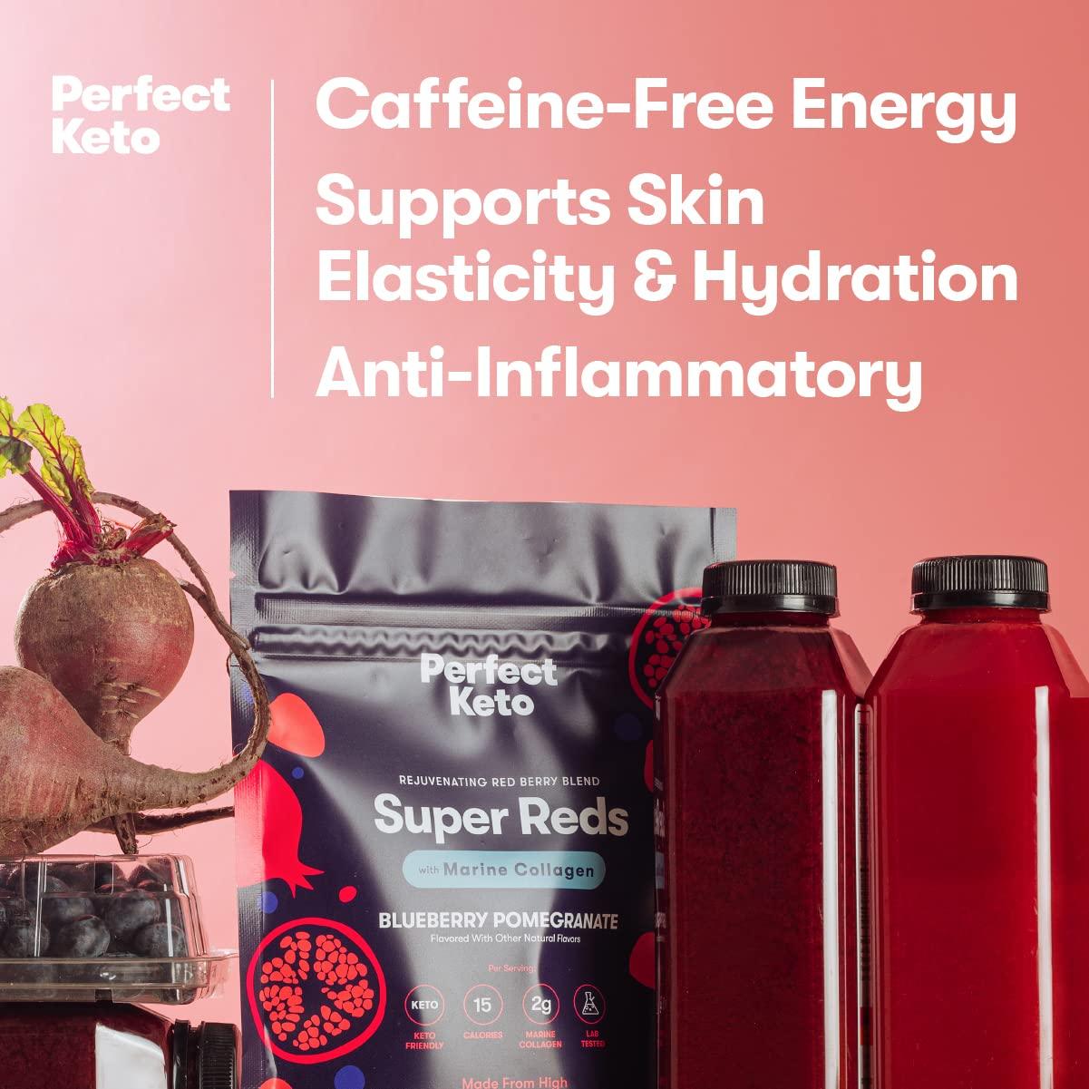 Perfect Keto Perfect Keto Super Reds Superfood Powder, Antioxidants Supplement with Fruit & Vegetable Powder, Polyphenols & Marine Collagen, Drink Mix for Skin & Energy Support, Blueberry Pomegranate, 20 Servings