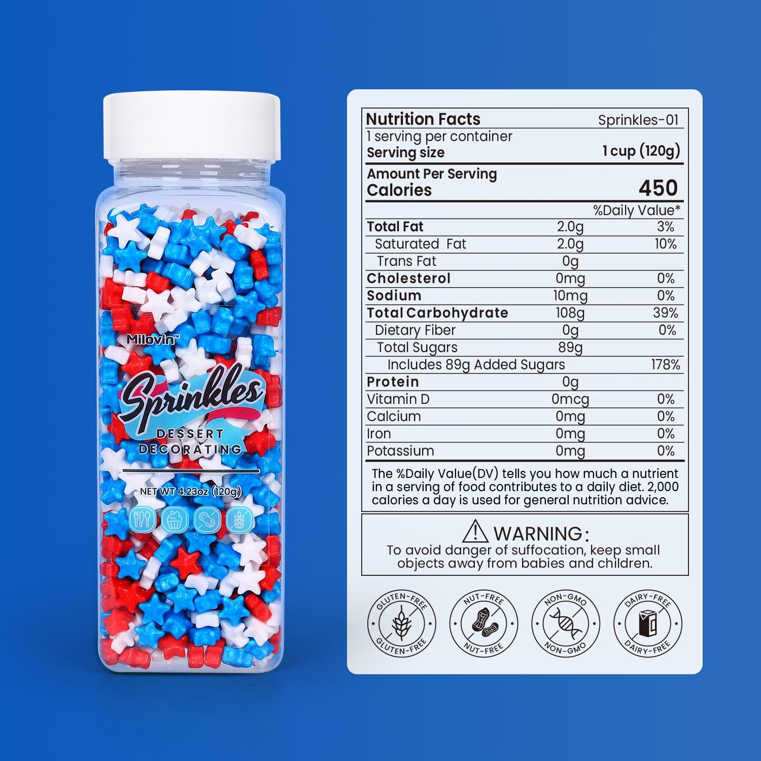 Milovin Edible Star Sprinkles for Cake Decorating, Patriotic Star Sprinkles, Red White and Blue Sprinkles, 4th of July Sprinkles for Patriotic Cupcakes, Cake, Macaron, Ice Cream Topping, and Cookies(120g/4.23oz)
