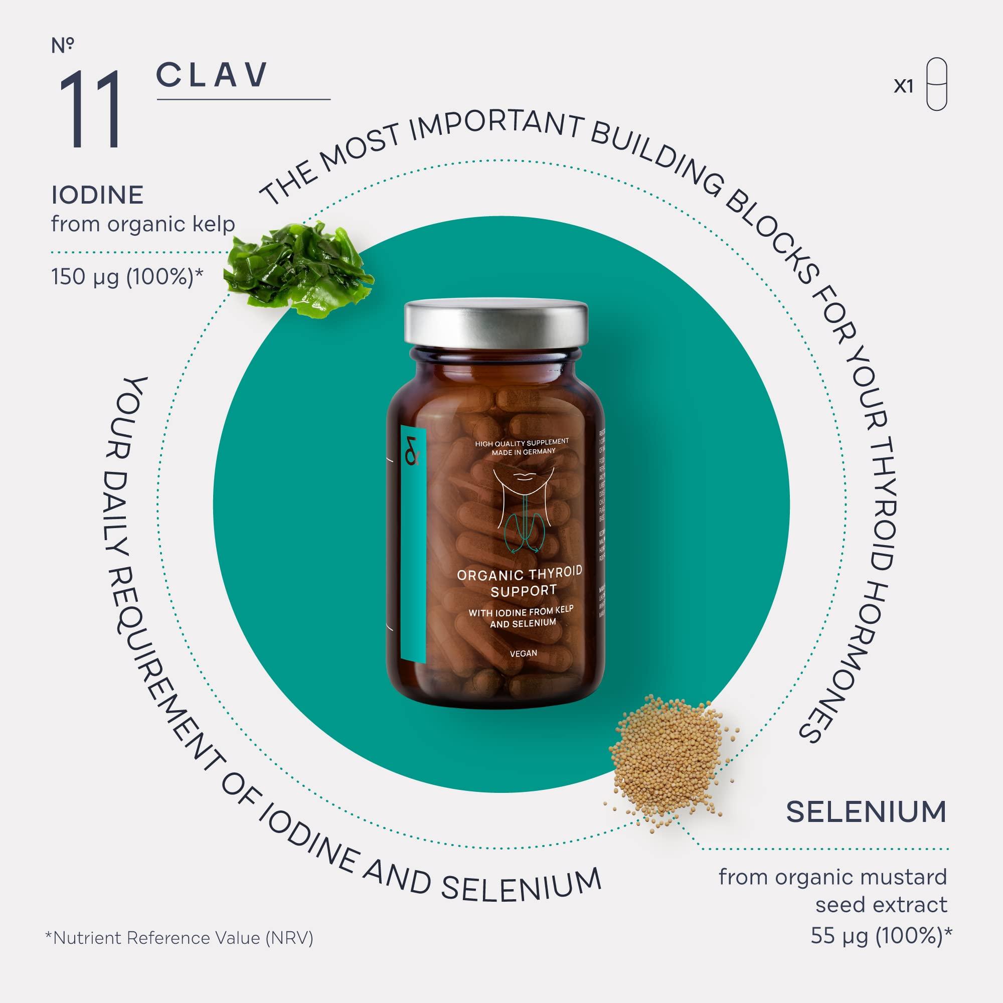 CLAV Organic Thyroid Support Supplement with Iodine from Sea Kelp Organic and Selenium from Mustard Seed Extract - 120 Capsules - Natural Thyroid Supplement for Men & Women - Vegan and Gluten Free