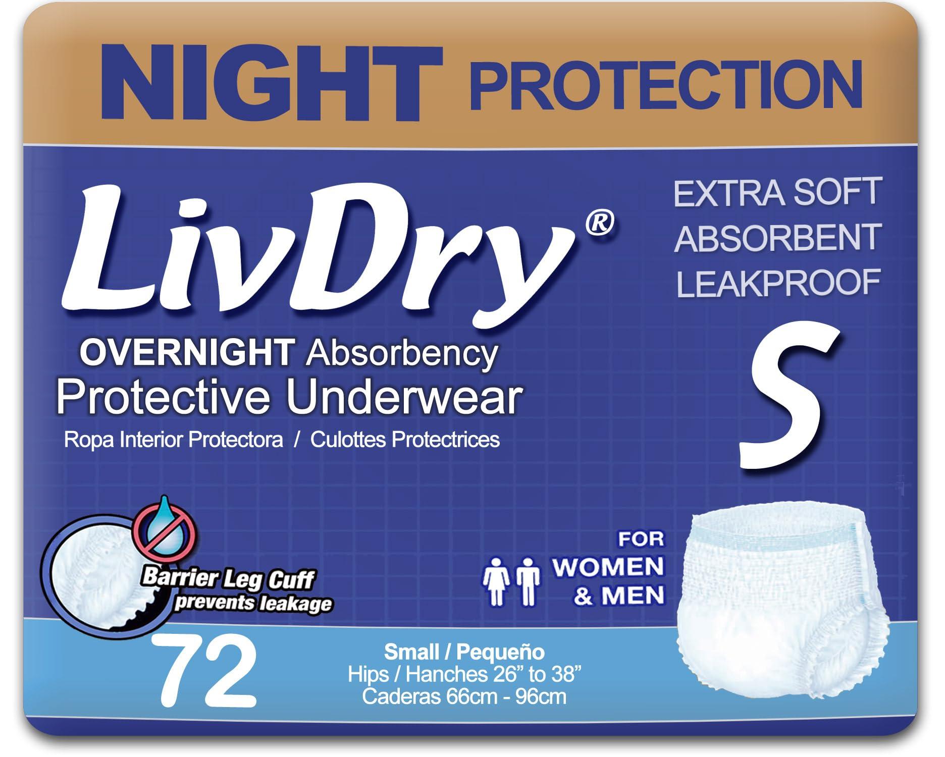 LivDry LivDry Adult S Incontinence Underwear, Overnight Comfort Absorbency, Leak Protection, Small, 72-Pack
