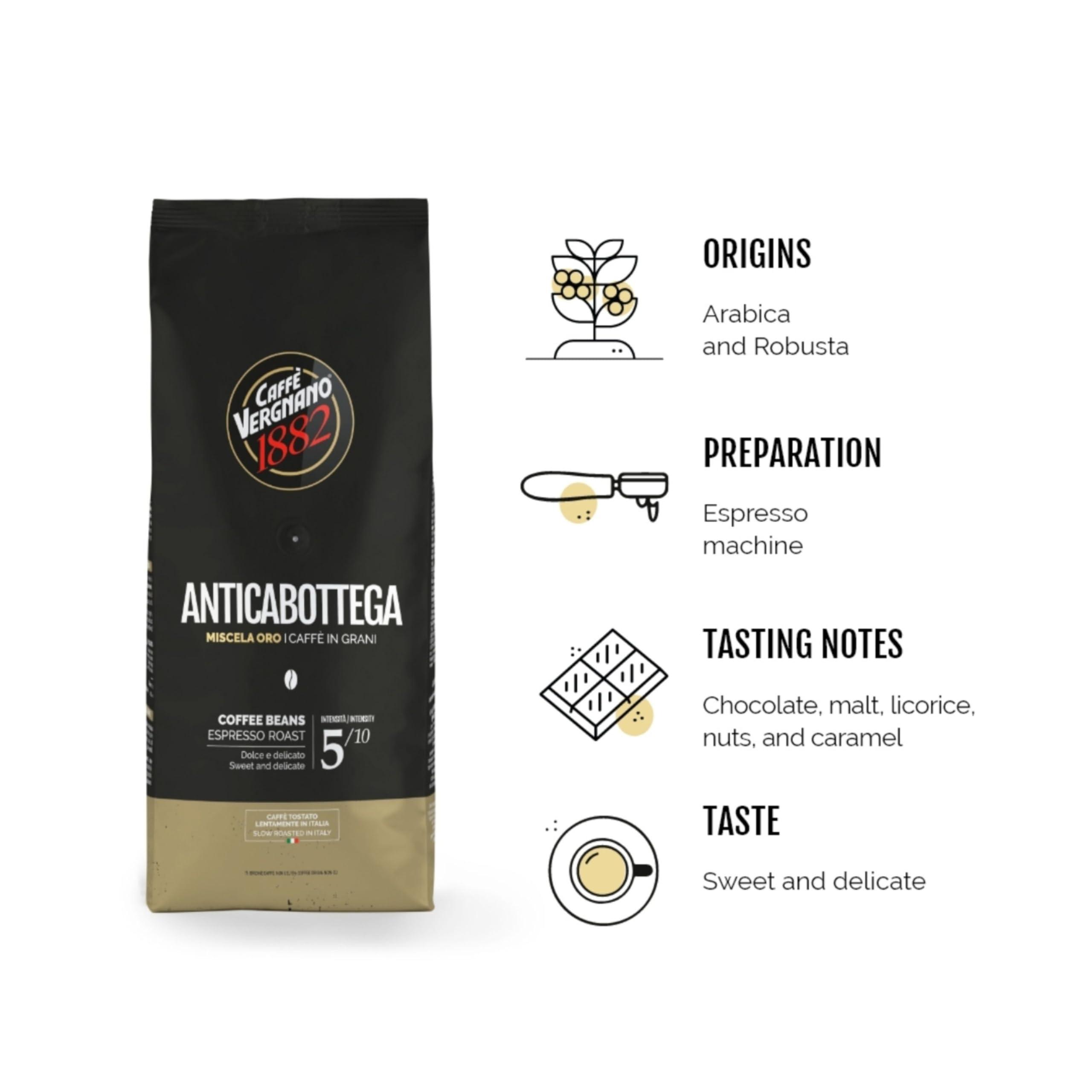 Caffe' Vergnano 1882 Caffe Vergnano 1882 Antica Bottega Whole Bean Arabica Medium Roast Espresso, 1.1 lbs Bag - Italian Coffee Beans with notes of Chocolate, Nuts & Caramel, Intensity 5/10-500g Bag