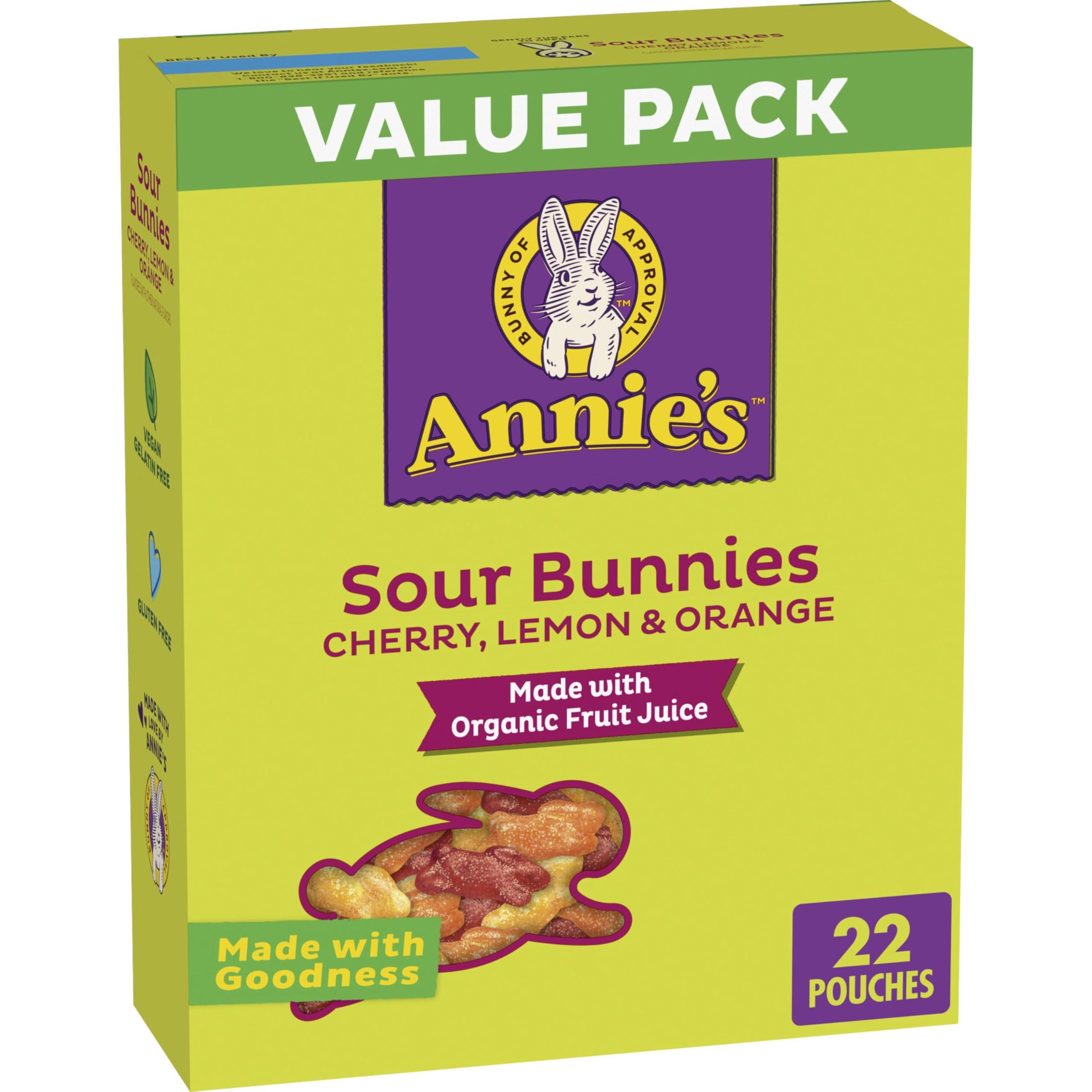 Annies Annie\'s Sour Bunnies Fruit Flavored Snacks, Cherry, Lemon & Orange Flavors, Made With Organic Fruit Juice, Value Pack, 15.4 oz