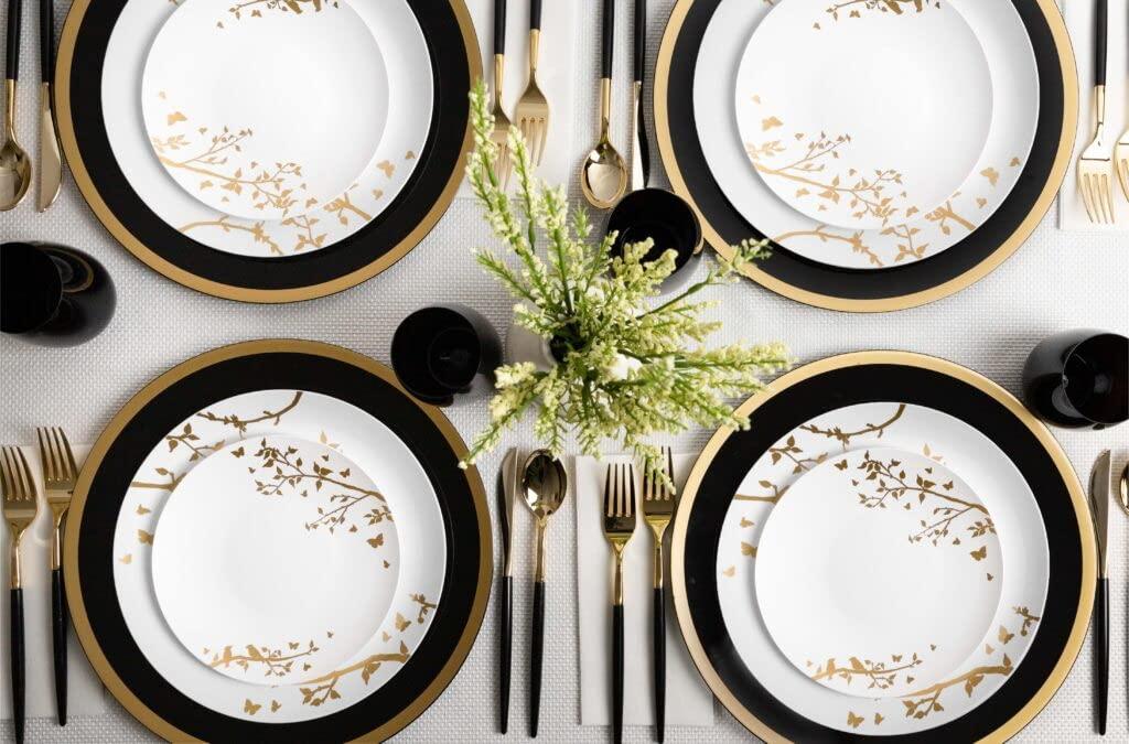 EcoQuality EcoQuality 6\" inch Round White Plastic Plates with Gold Floral Design - Spring Flower Heavy Duty Large Disposable Charger Dinner Plate Weddings, Tableware, China Like Party Plates (70 PACK)