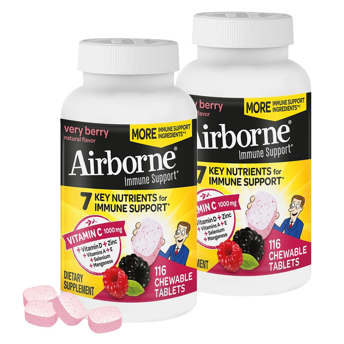 Airborne Airborne 1000mg Vitamin C + Zinc Immune Support Supplement Chewable Tablets, Very Berry Flavor with Powerful Antioxidants Vitamins A C & E, 116 Chewable Tablets (2 Pack)