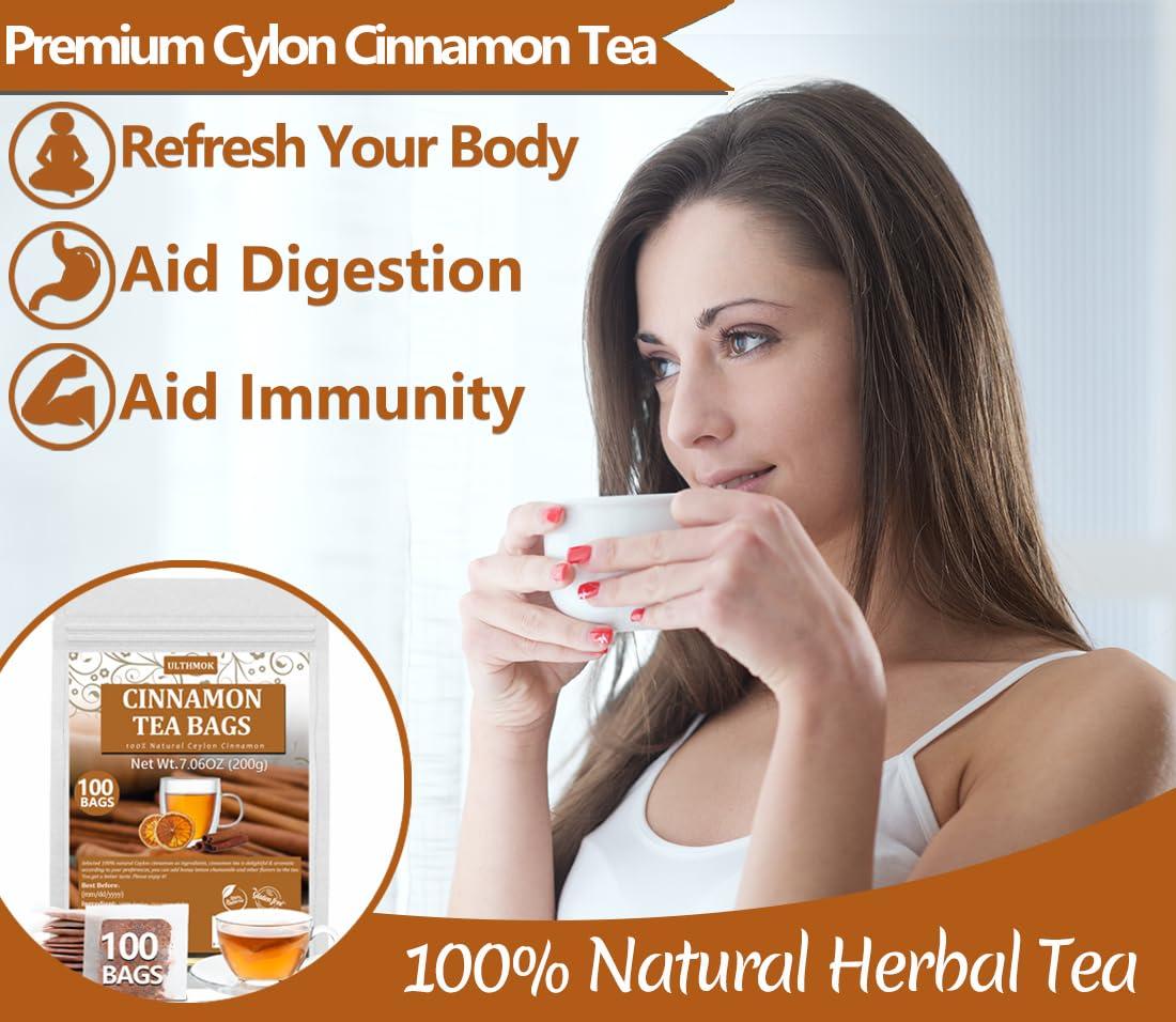 ULTHMOK Premium 100 Ceylon Cinnamon Tea Bags, Made with 100% Ceylon Cinnamon Sticks, No Additives & Caffeine Free.