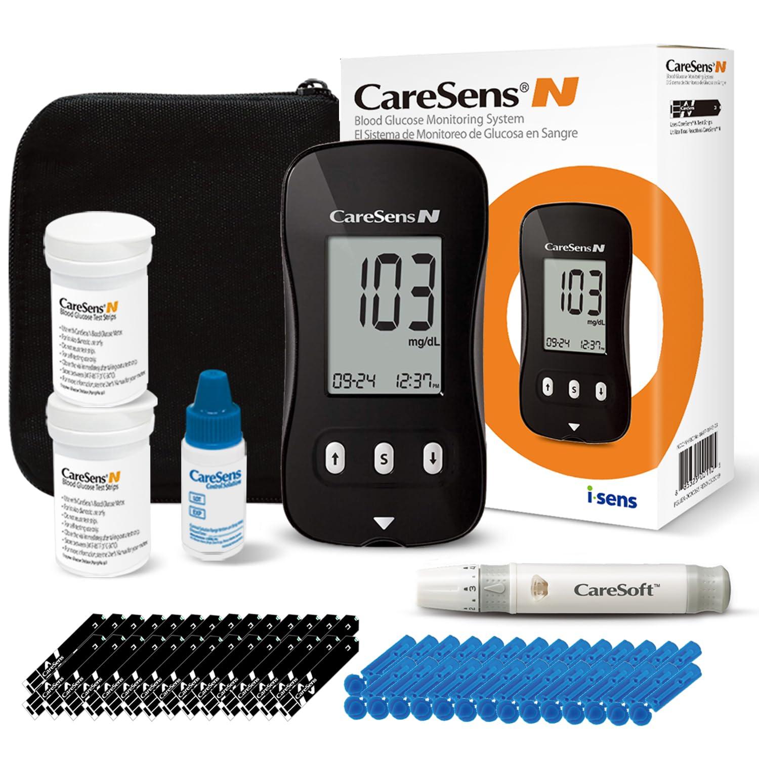 CareSens CareSens N Blood Glucose Monitor Kit with 100 Blood Sugar Test Strips, 100 Lancets, 1 Blood Glucose Meter, 1 Lancing Device, 1 Control Solution, Travel Case for Diabetes Testing