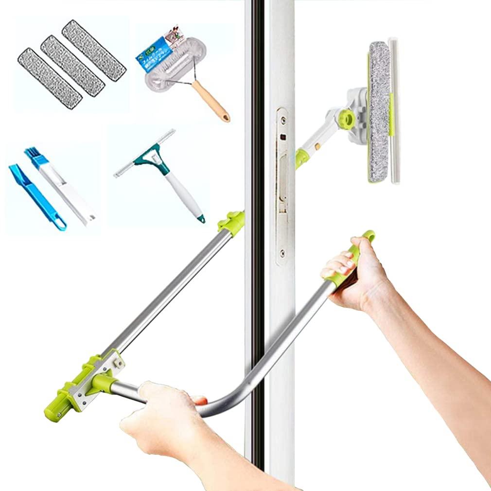 WWBDZSW Window Cleaner Tool Kit with Telescopic U Shaped Pole,Squeegee for Window Washing,Rotatable Cleaning Head and Floating Mechanism,Clean without Leaving Dead Ends-green||Floating 3 cloth