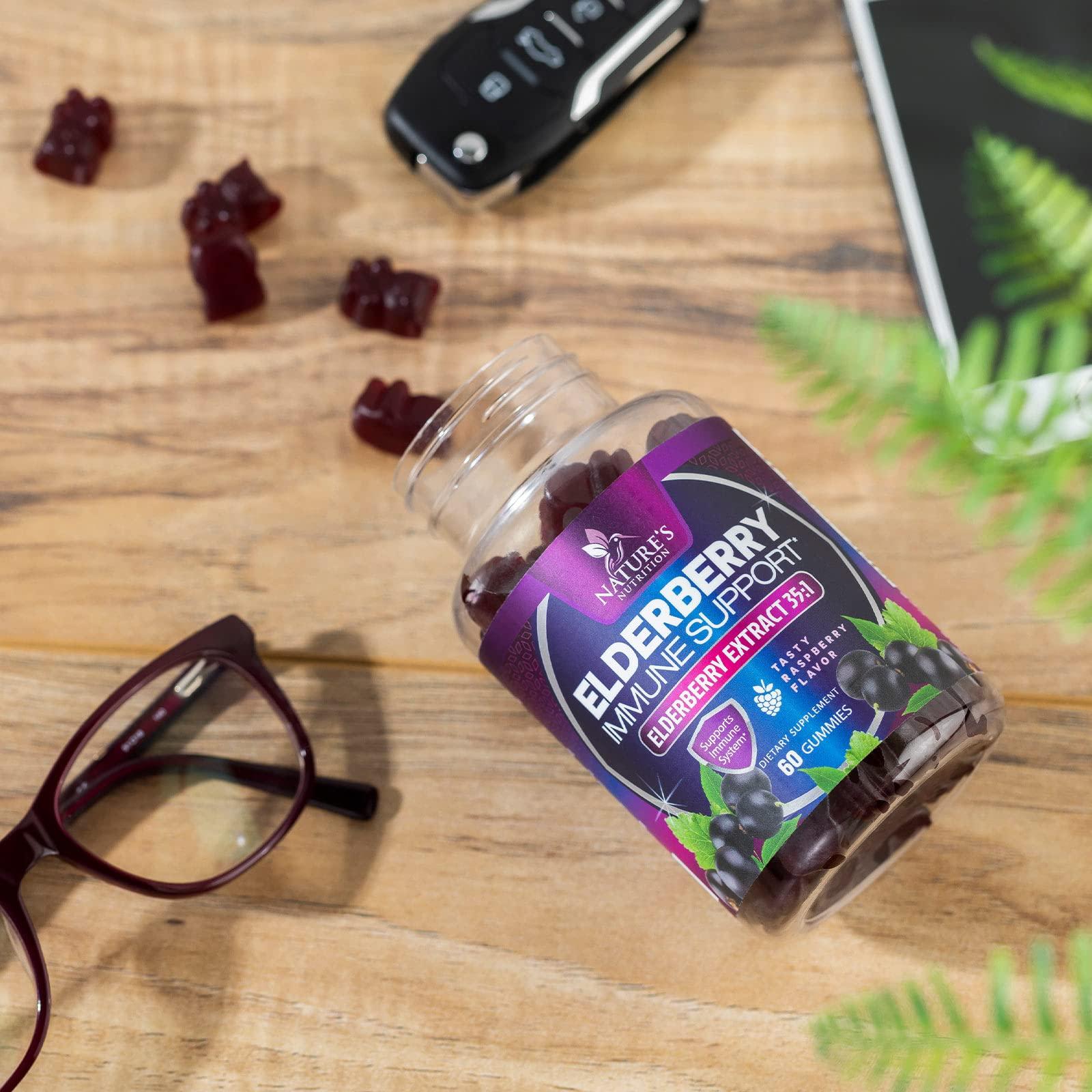 Nature's Nutrition Sambucus Elderberry Immune Gummies - Daily Immune Support for Kids & Adults - Super Concentrated 35:1 Extract, Equivalent to 4200mg of Elderberries, Black Elder Berry Vitamin Supplement - 60 Capsules