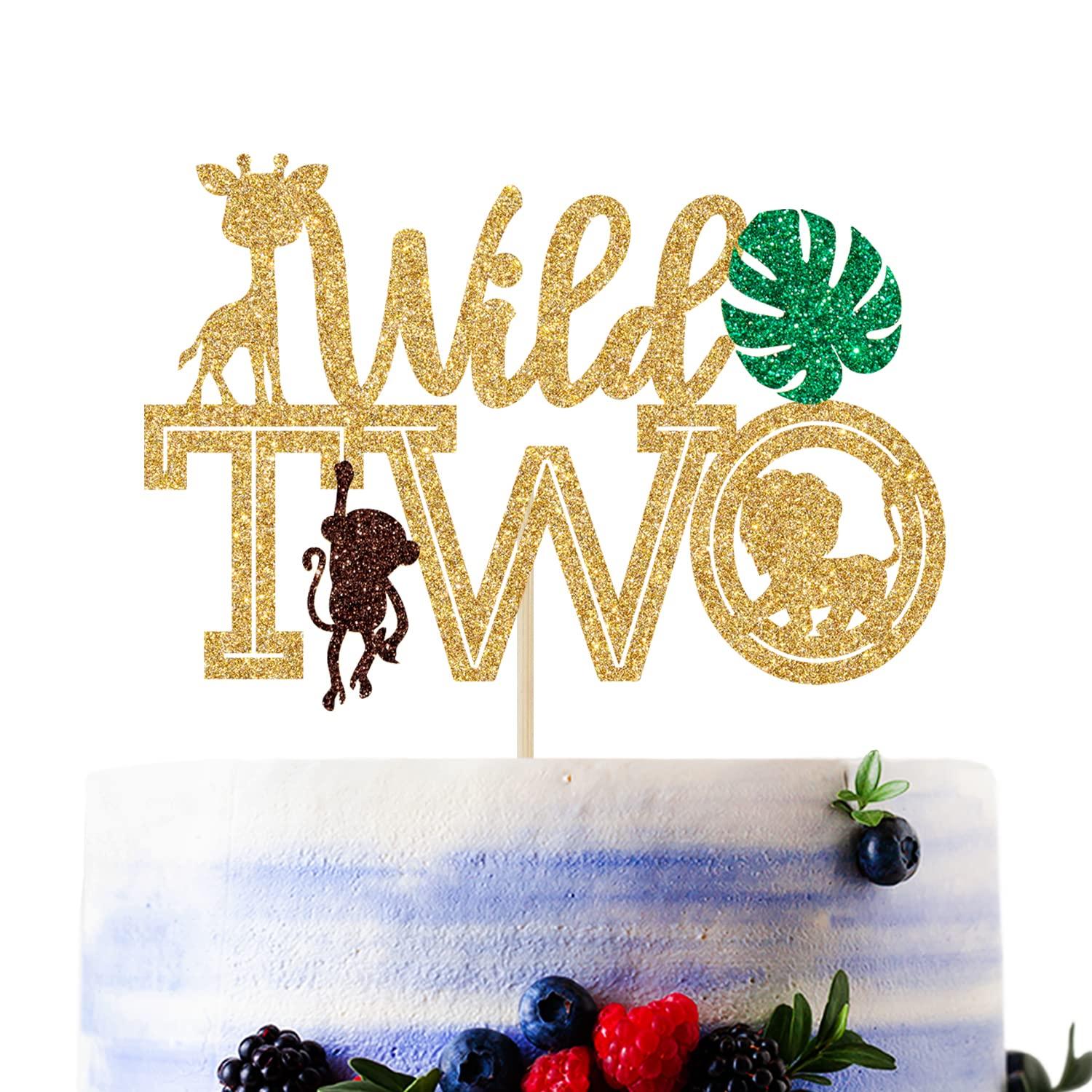 Sriburcio Gold Glitter Two Wild Cake Topper, Born Two Be Wild/Happy 2nd Birthday/Two Cute/Two Fast, Jungle Wild Themed Baby's 2nd Birthday Party Decorations