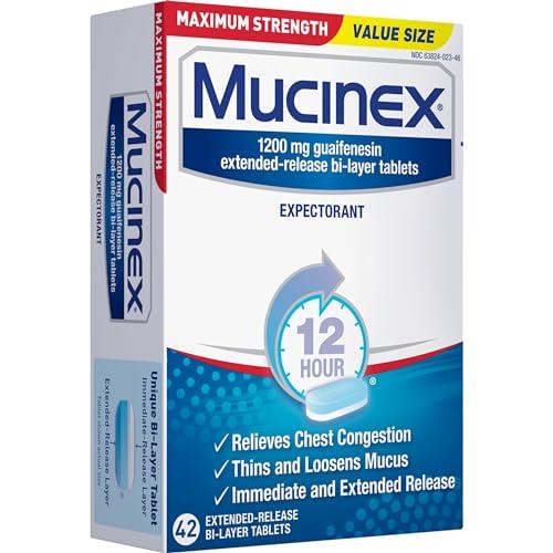 Mucinex Mucinex 12 Hour Maximum Strength 1200 mg Guaifenesin Extended-Release Tablets for Excess Mucus Relief, Expectorant Aids Excess Mucus Removal, Chest Congestion Relief, 42 Tablets