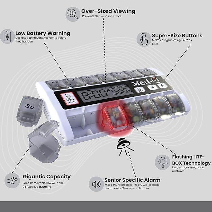 Med-Q Amazin Pill Dispenser with Beeping Reminder, Flashing Guides and Liberty Cloth