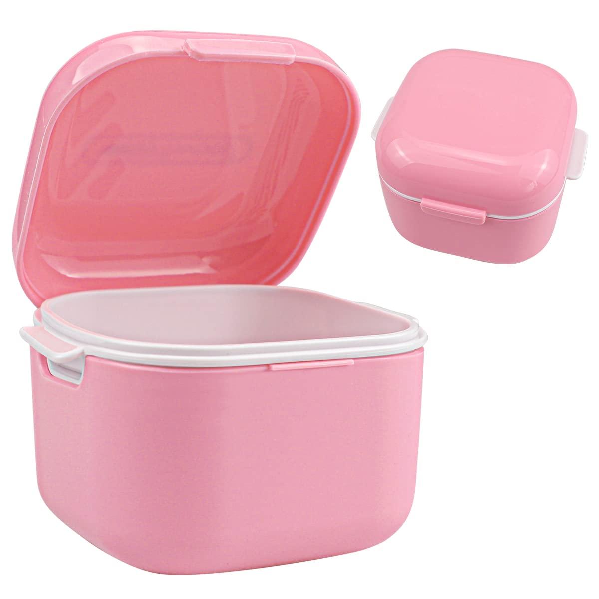 FERCAISH Denture Soak Container, Portable Denture Bath Box Cup, No-Leak Denture case,Retainer Cleaning Box Complete Clean Care for Dentures, Clear Braces, Mouth Guard, Night Guard & Retainers(Red)