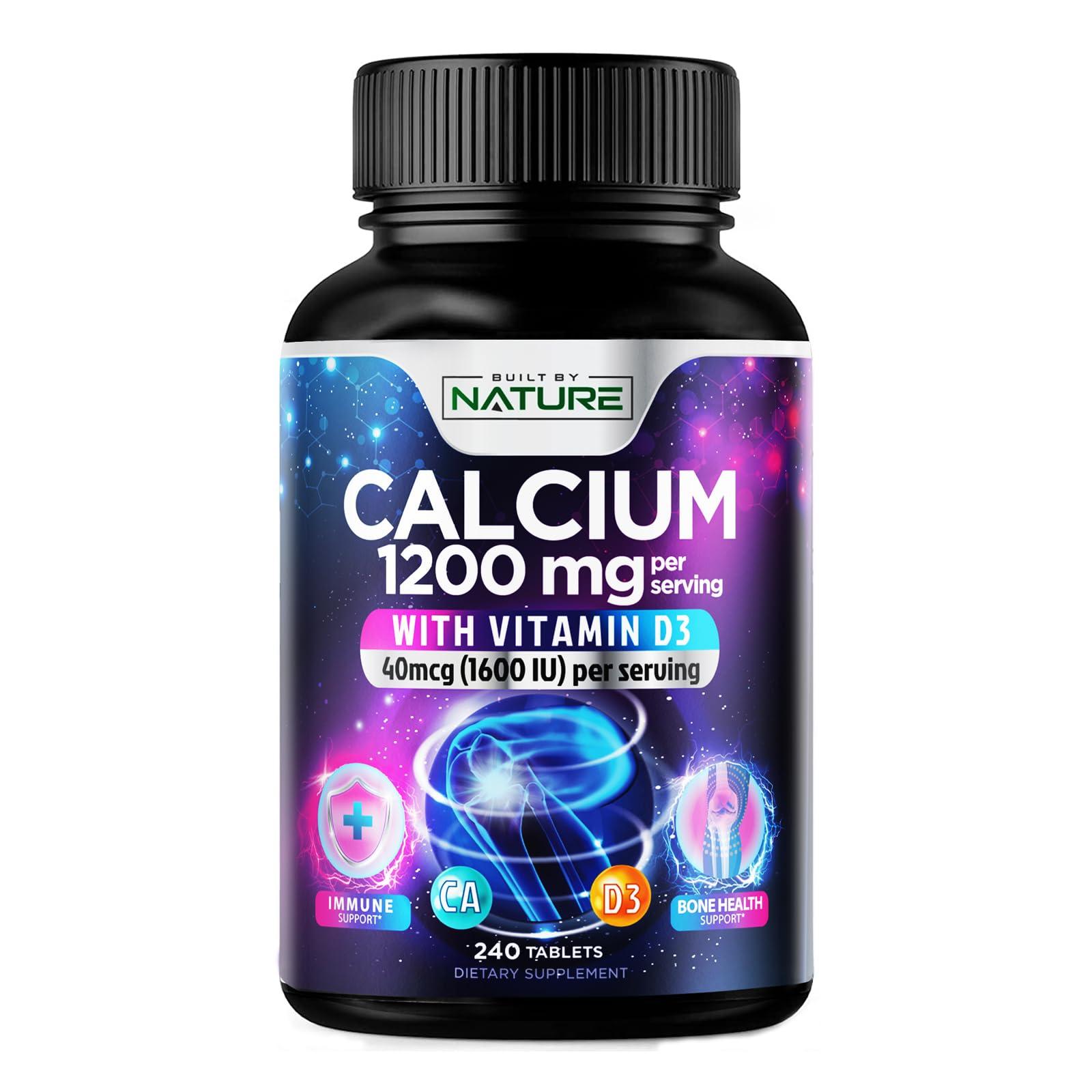 Built by Nature Calcium 1200mg with Vitamin D3 for Best Absorption - Advanced Bone Support Supplement, 1200 mg Calcium Carbonate & 1600 IU Vitamin D3, Slow Release for Immune Support, Easy to Swallow, 240 Tablets
