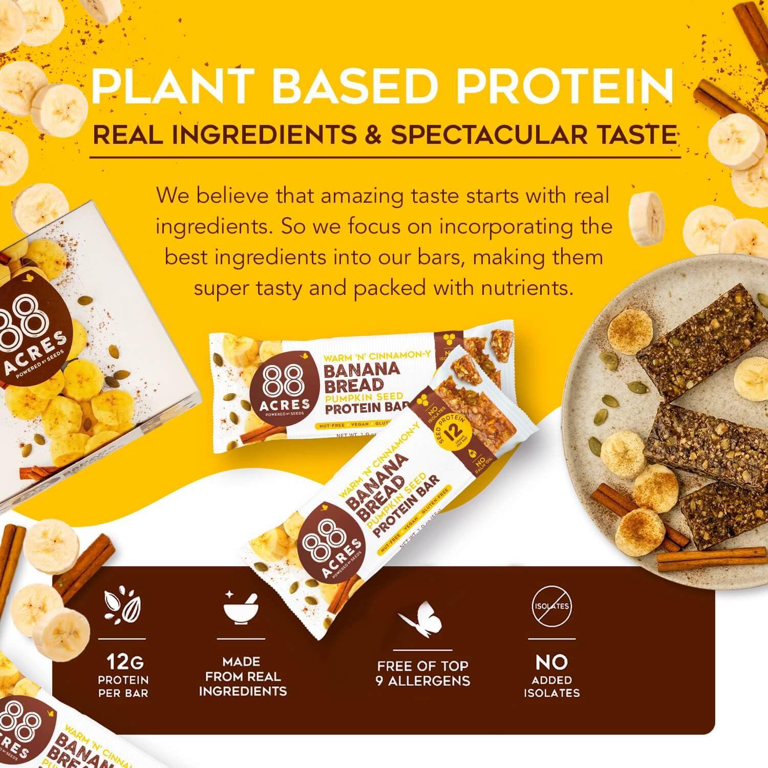 88 Acres 88 Acres Plant Based Seed Protein Bar | 9 Pack, Banana Bread | 12g of Plant Based Protein, Gluten Free, Nut Free, Non GMO, School Safe, No Palm Oil