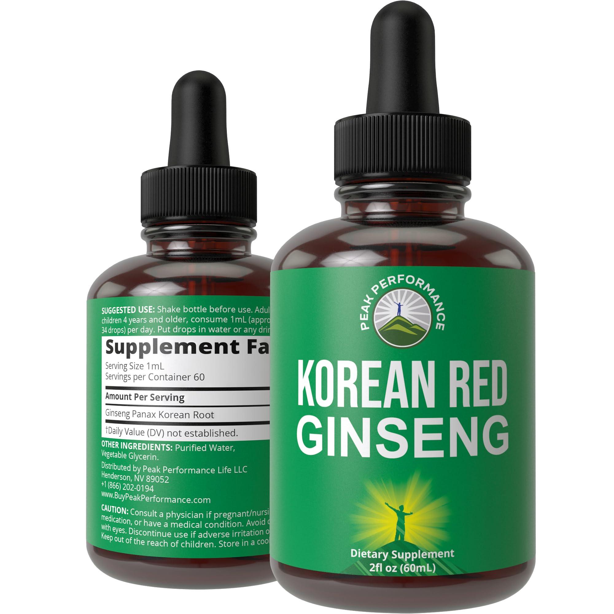 Peak Performance Korean Red Ginseng Liquid Drops with Pleasant Taste. from Panax Korean Root Extract for Energy, Stamina, Focus. Vegan Nootropic, Zero Sugar Oil Tincture Herbal Supplement for Men and Women