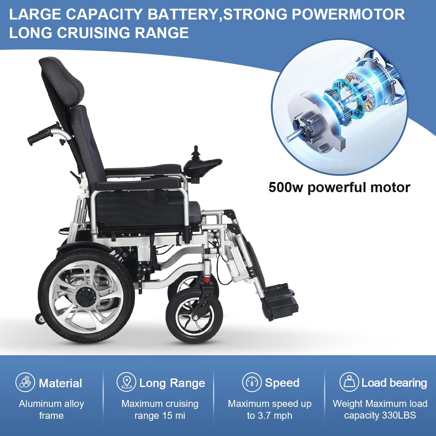 Lenyedr Lenyedr Reclining Electric Wheelchair for Adults,Heavy Duty Electric Wheelchair,Portable Folding Carry Wheelchair,Comfortable Remote Control Mobility Aid-Adjustable Backrest and Pedal-15 Mile Range