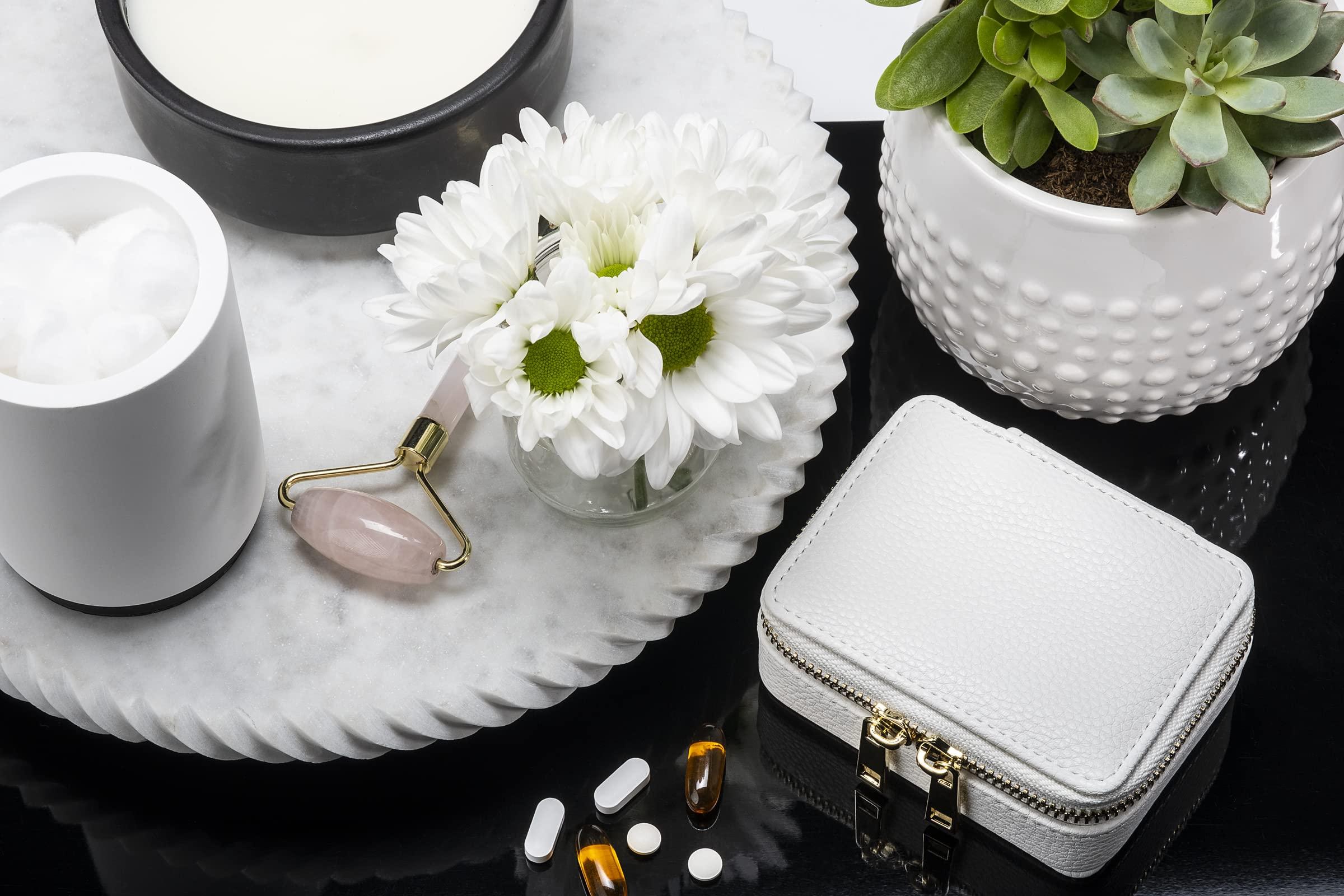 Four Corners Co Pill Organizer Vegan Leather Pill Case with Removable 7-Day Daily Pill Organizer a Travel Pill Organizer for Your Travel Essentials (White)