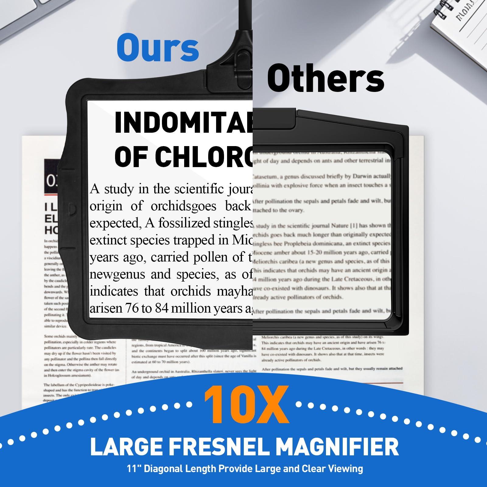 NUEYiO 10X Rechargeable Full Page Magnifier for Reading, NUEYiO 10.6*7.8\" Large Handheld Magnifying Glass with Light and Stand, 50 LED Lights & 3-IN-1 Gooseneck Magnifying Lamp for Seniors Close Work Craft