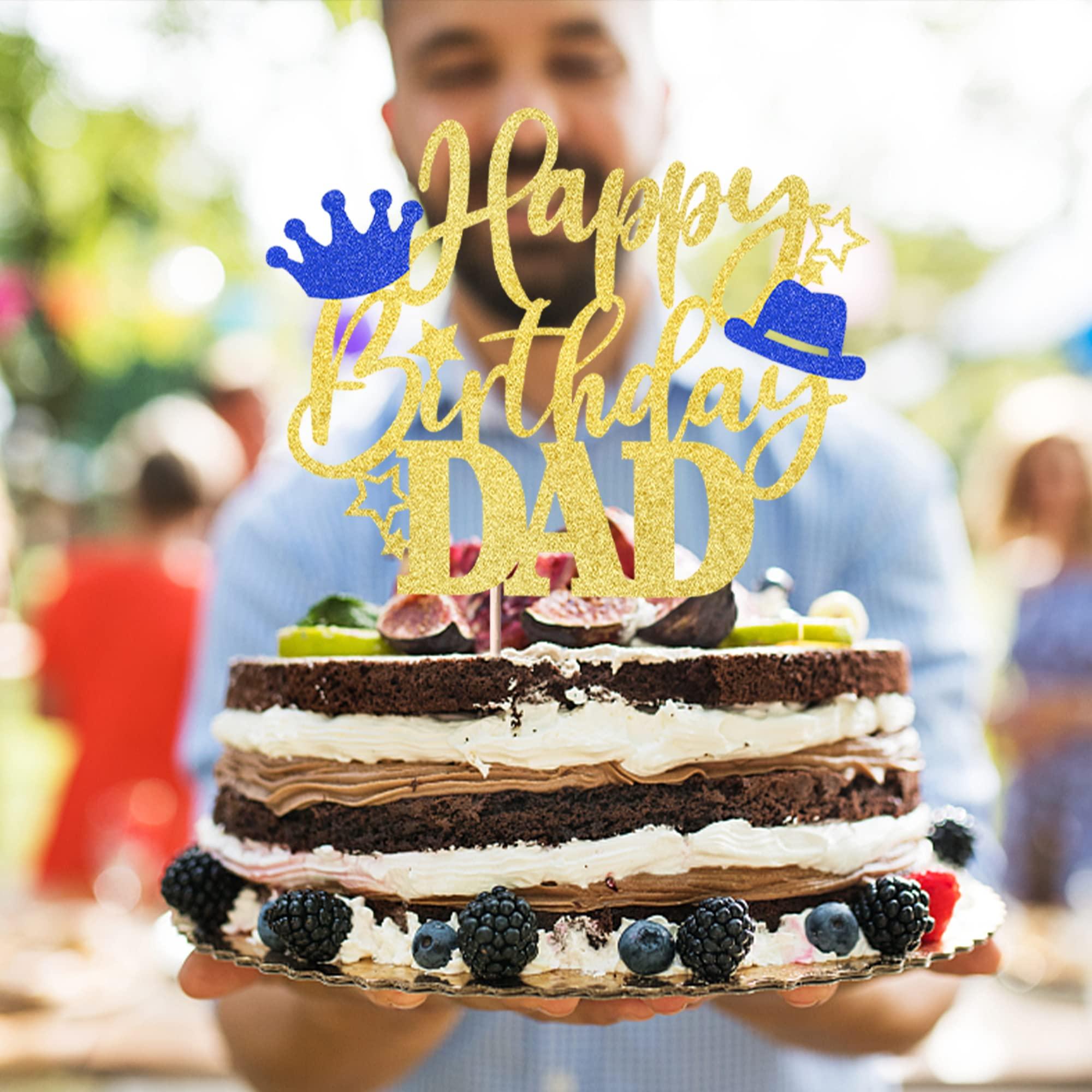 Rsstarxi Rsstarxi 1 Pack Happy Birthday Dad Cake Topper with Glitter Crown Hat Love Father Best Dad Birthday Cake Pick for Happy Father's Day Theme Dad Birthday Party Cake Decorations Supplies Gold