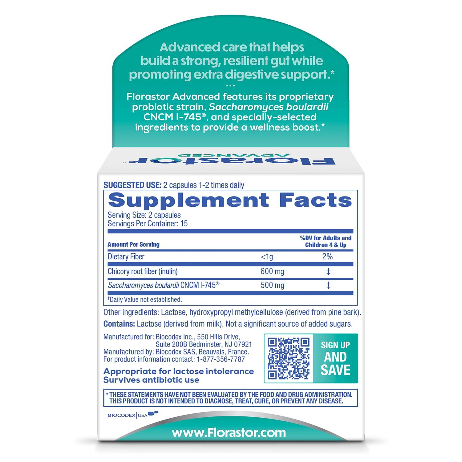 Florastor Florastor Select Pro + Pre Daily Probiotic & Prebiotic Supplement for Women and Men, Boosts Good Bacteria, Saccharomyces Boulardii CNCM I-745 (30 Capsules) (Pack of 1)