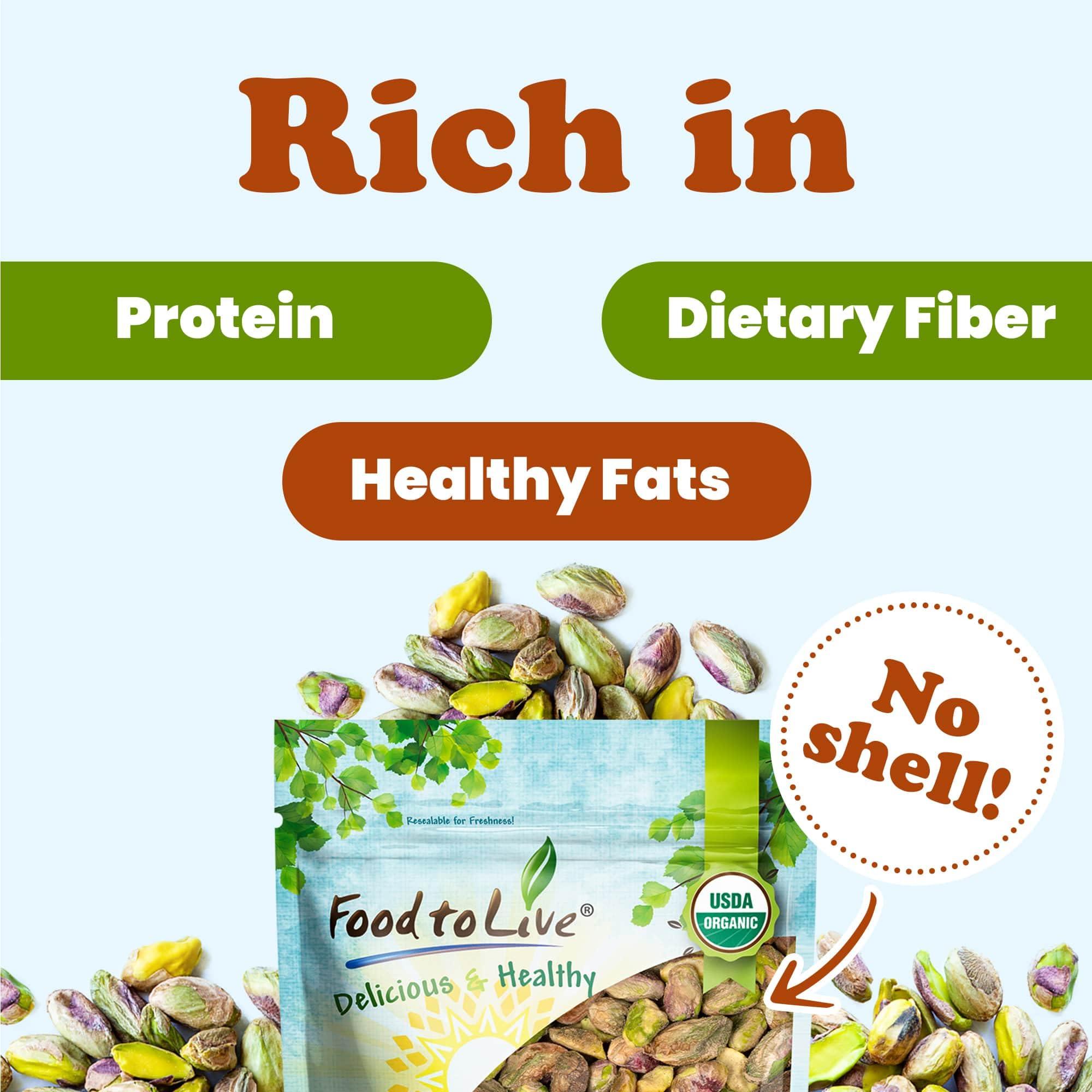 Food to Live Organic Raw Pistachios, No Shell, 16 Pounds Non-GMO Unsalted and Unroasted Kernels. Perfect for Snacking and Cooking. Nutritious Nuts Packed with Protein, Fiber, and Healthy Fats. Kosher. Bulk