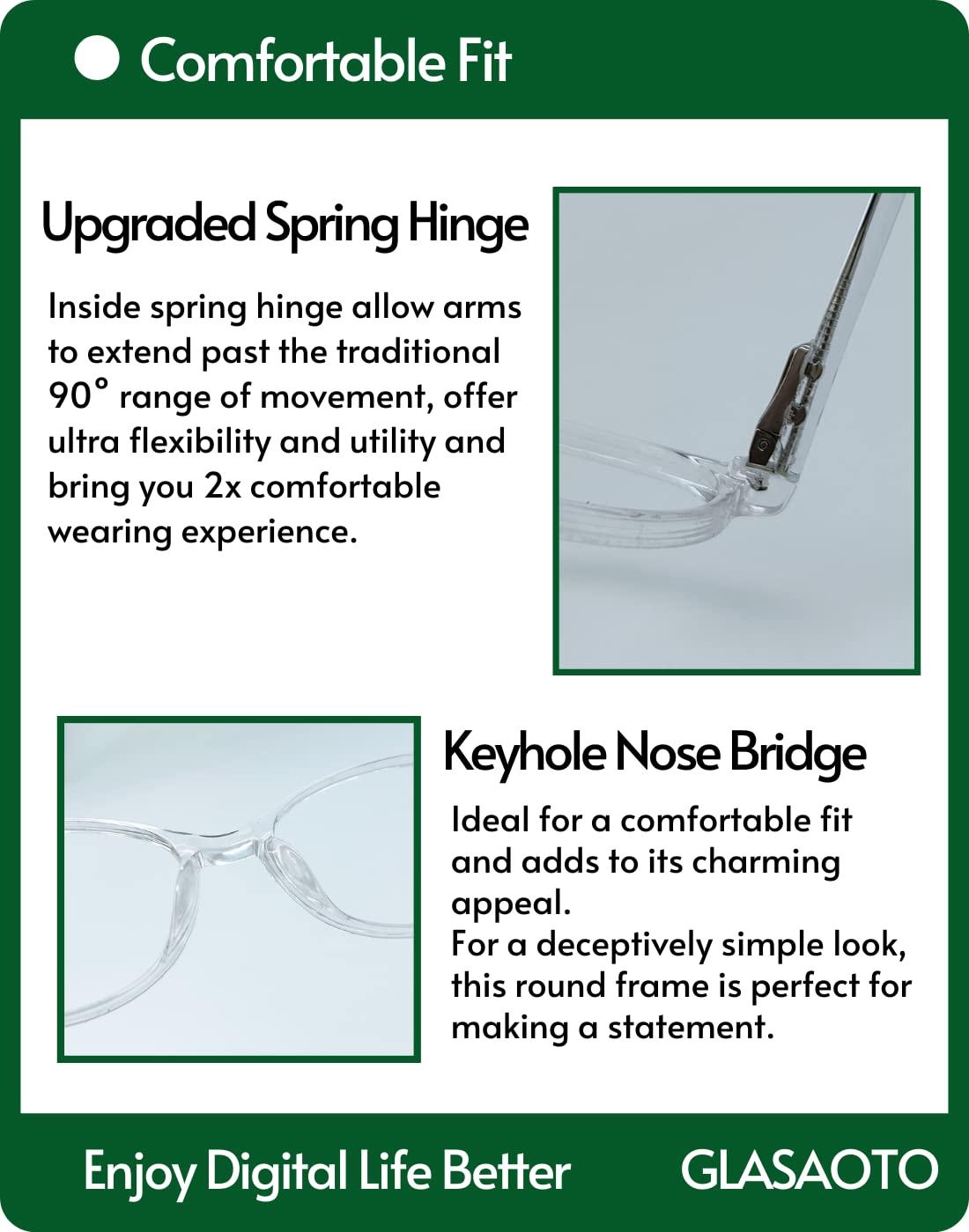 Glasaoto GLASAOTO Blue Light Blocking Reading Glasses for Women Round Eyeglasses Small Frame Spring Hinge Lightweight Reduce Eye Strain 3.00 Crystal