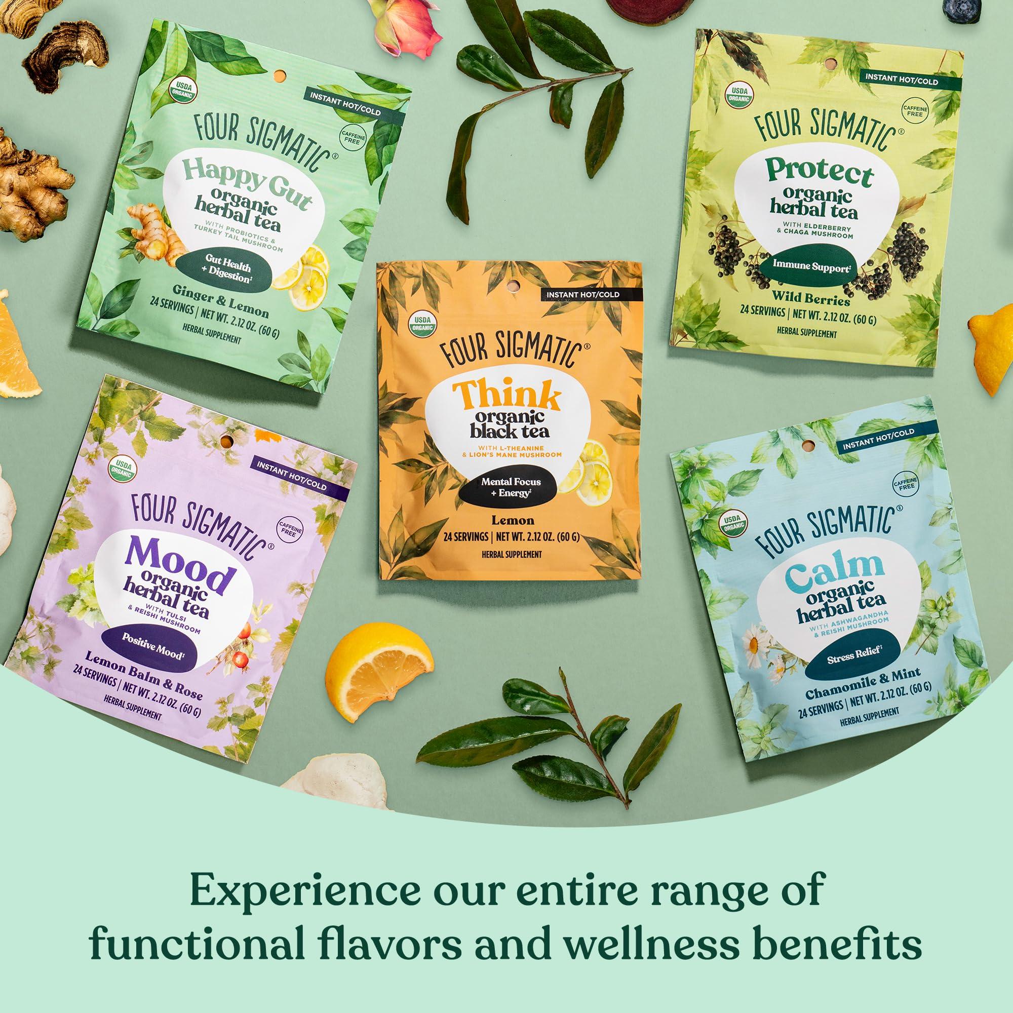 Four Sigmatic Four Sigmatic Happy Gut Organic Herbal Tea | Organic Lemon Ginger with Probiotics & Turkey Tail Mushroom | Instant Digestive Tea | Vegan, Gluten-Free | Lemon Ginger, 24 Servings