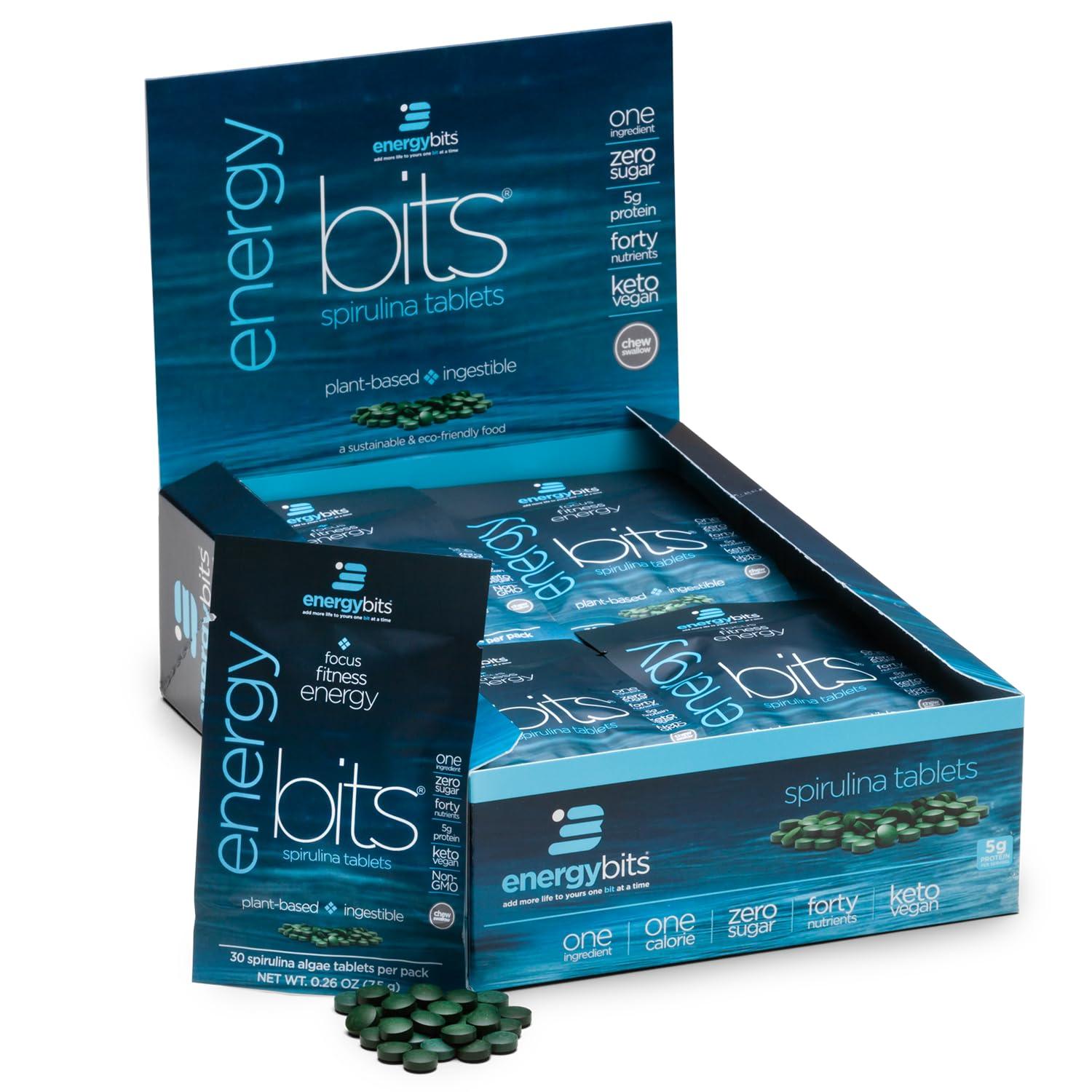 ENERGYBITS ENERGYbits - Organic Spirulina Tablets - Plant-Based Algae Superfood - for Focus, Fitness, Energy - Plant Protein - Gluten Free - Collagen, Vitamin B12, Omega 3 - Keto & Vegan - 900 Algae Tablets