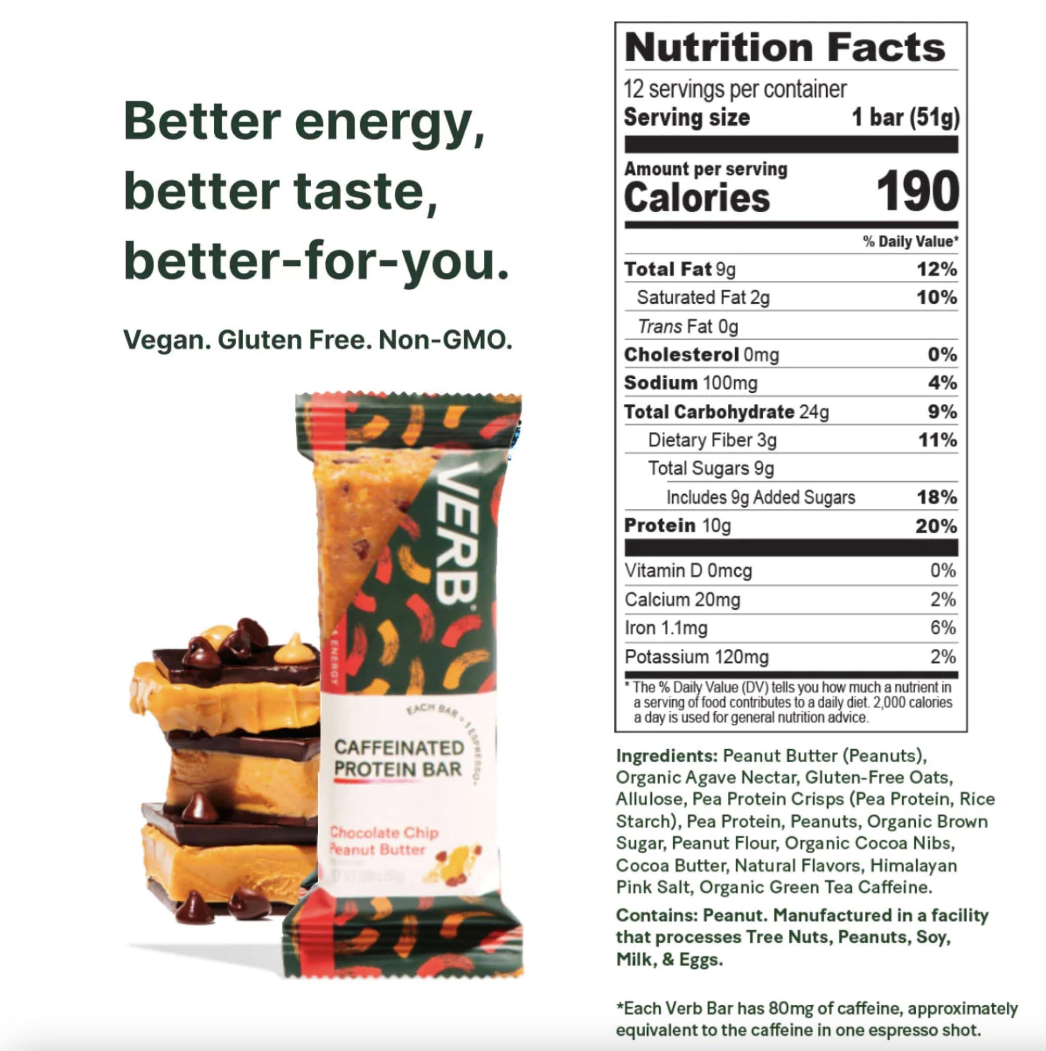 Verb Caffeinated Energy Bar Verb Energy - Chocolate Chip Peanut Butter Caffeinated Protein Bars - 190-Calorie 6g Sugar 10g Protein Bar - Vegan Snacks - Gluten Free Breakfast Bars with Organic Green Tea, 49g (Pack of 12)