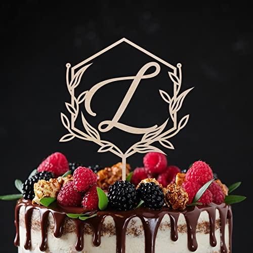 Vinisong Vinisong Personalized Initials Cake Topper Wreath Letter L Cake Topper Wood Monogram Cake Topper Rustic Wedding Cake Topper Birthday Cake Decoration(Design 03,L)