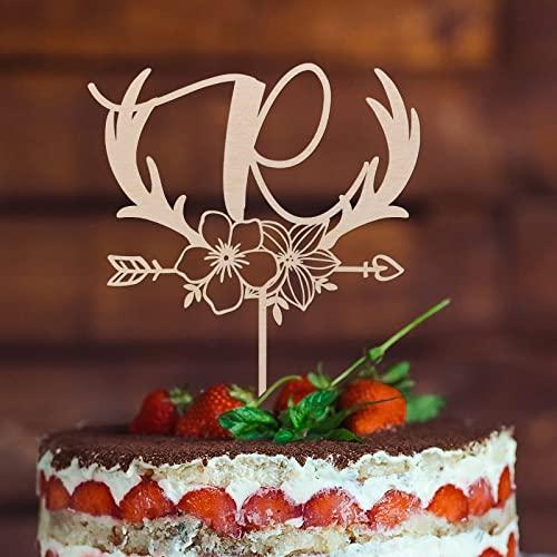 Vinisong Vinisong Personalized Initials Cake Topper Wreath Letter R Cake Topper Wood Monogram Cake Topper Rustic Wedding Cake Topper Birthday Cake Decoration(Design 01,R)
