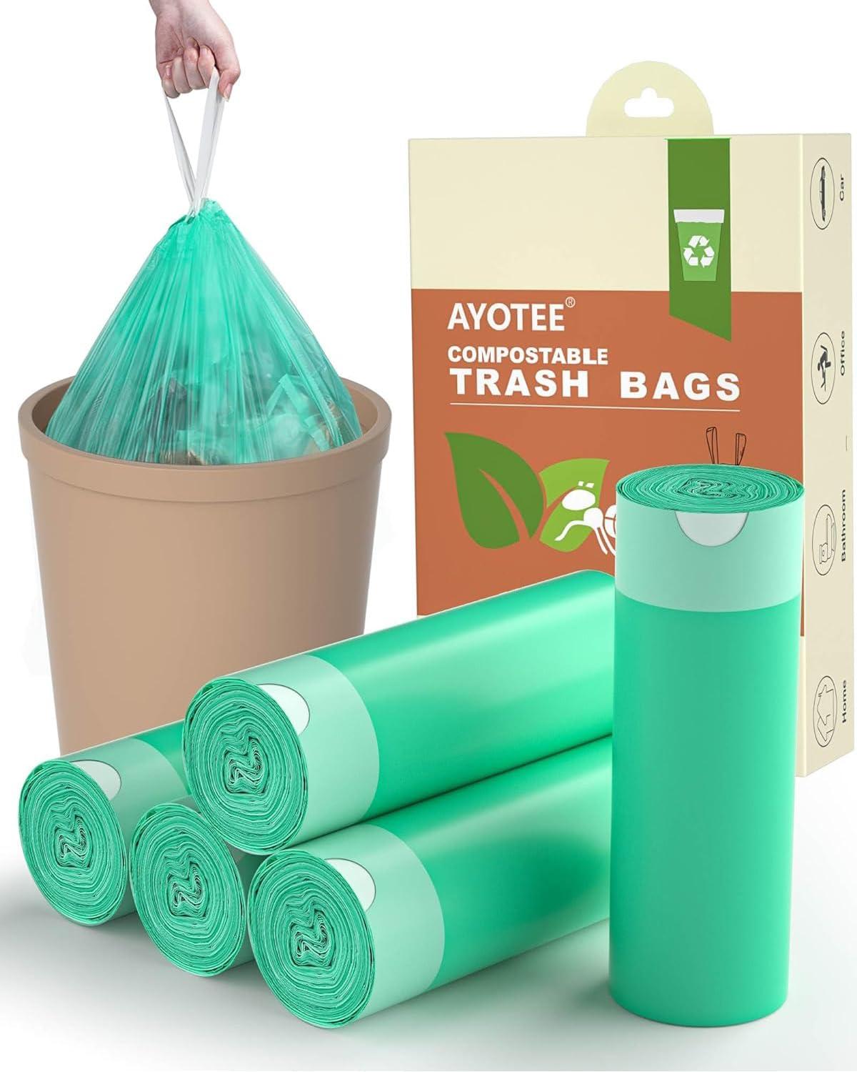 AYOTEE Small Compost Bags 1.2 Gallon 125 Count, AYOTEE Drawstring Mini Trash Bags, Strong Small Compostable Trash Bags Small Bathroom Trash Bags for Home Kitchen Office Fit 4.5-5 Liter Trash Can, 1-1.5 Gal