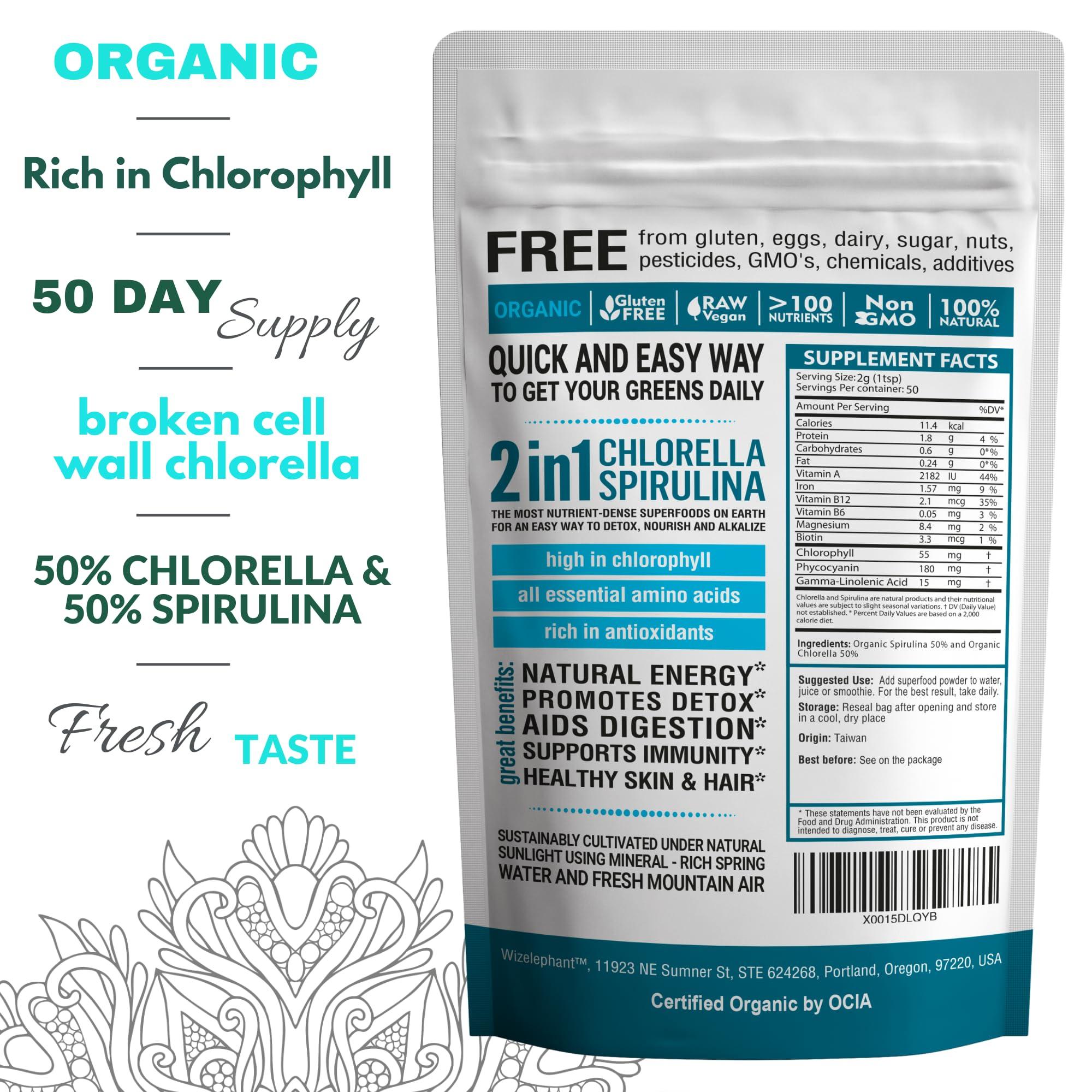 Wizelephant Chlorella Spirulina Powder Organic | Super Greens Powder and Smoothie Mix | Rich in Chlorophyll for Immune Support and Energy | Raw Vegan Protein | Spirulina Chlorella Powder | 50 Servings