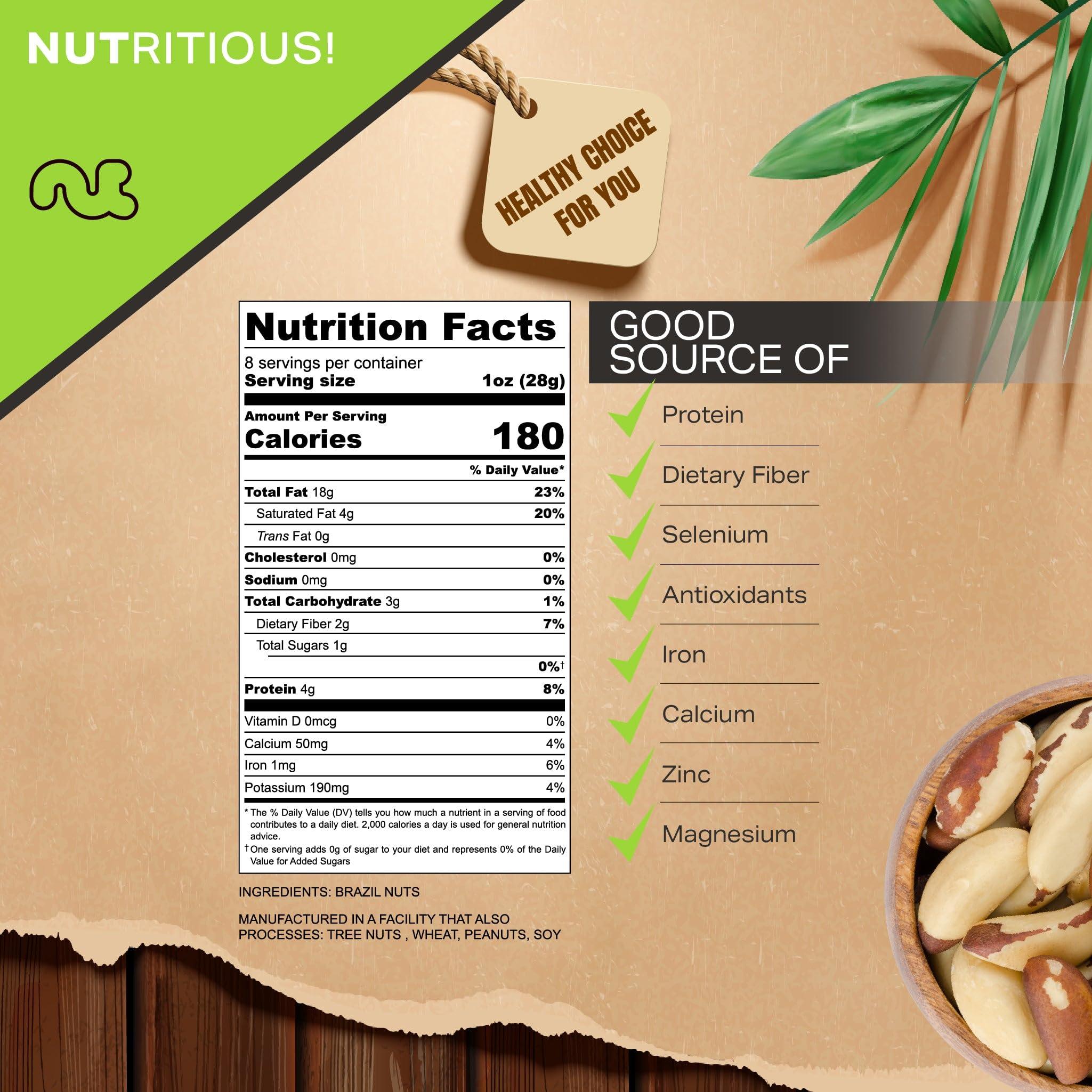 Nut Cravings NUT CRAVINGS - Raw Brazil Nuts, Unsalted, No Shell, Whole, (8oz - 1 Pack) Bulk Nuts Packed Fresh in Resealable Bag - Kosher Healthy Snack, Natural Keto Vegan -