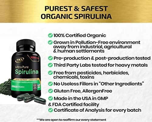 HCL HERBAL CODE LABS Organic Spirulina Powder Capsules 3000 mg - Purest Non-Irradiated Blue Green Algae - Best Raw Vegan Protein - Green Superfood - Natural Multivitamins – 180 Pills Made in The USA