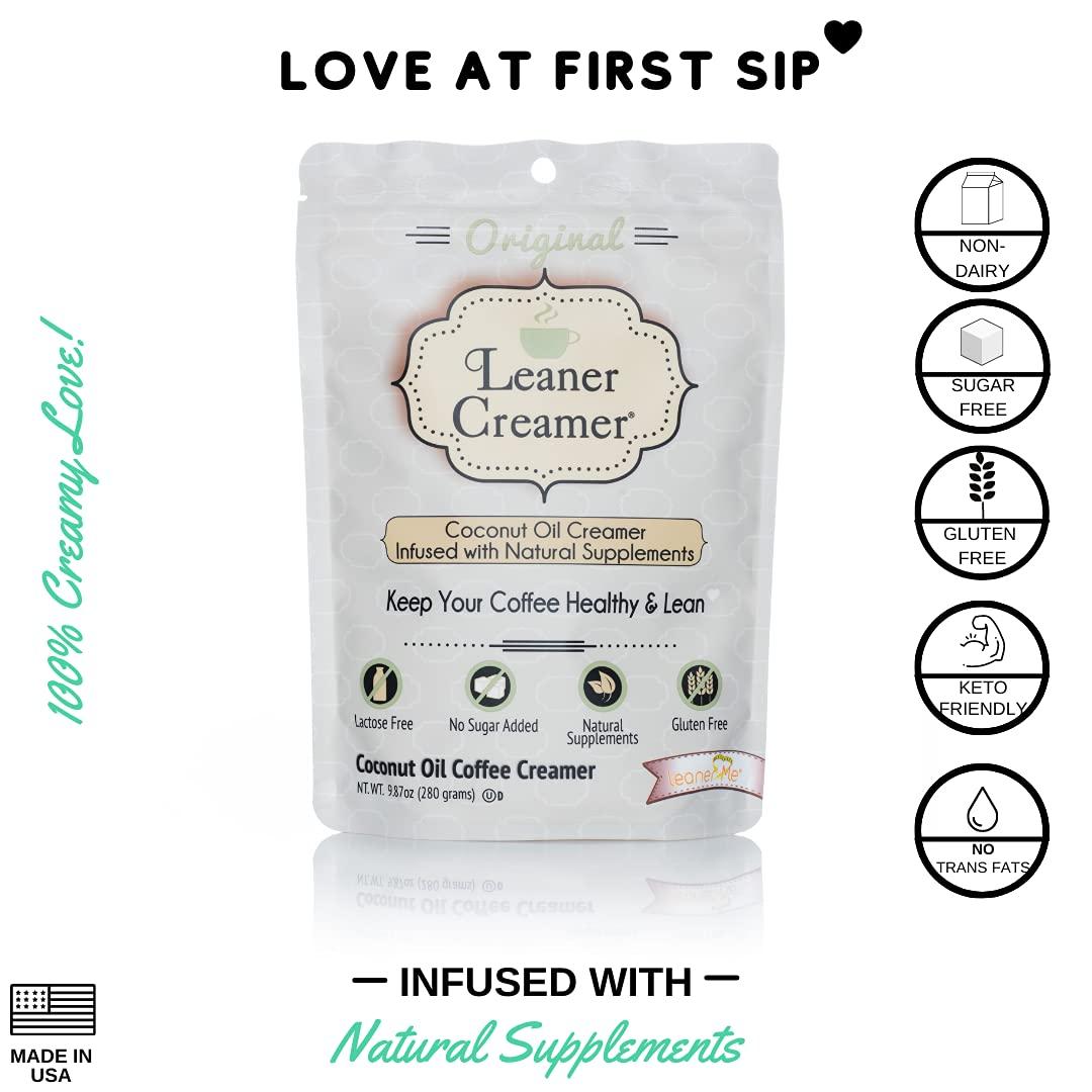 Leaner Creamer Leaner Creamer Non-Dairy Sugar Free Coffee Creamer Powder Perfect Coconut Oil Non-Dairy Powder To Naturally Cream and Sweeten Coffee, Smoothies, Protein Shakes & More! Ideal Flavoring For All Diets