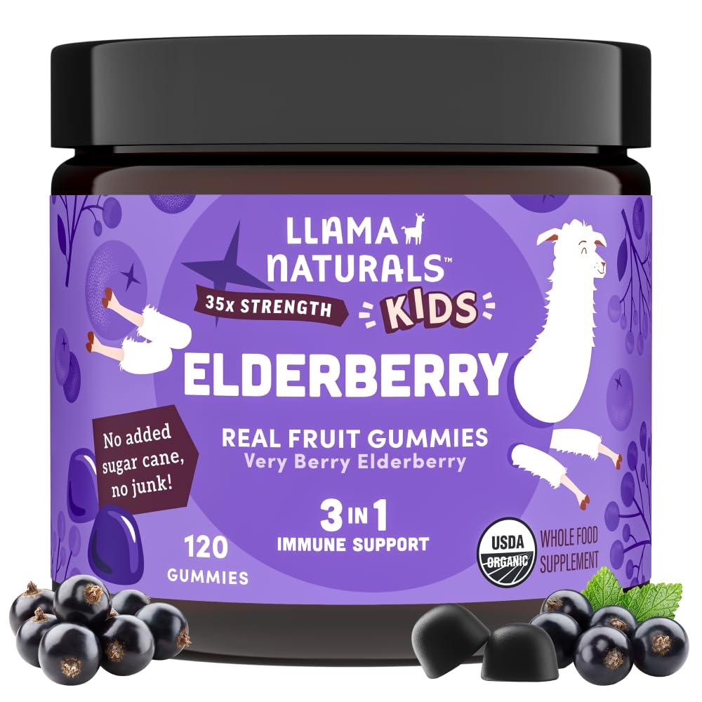 Llama Naturals Llama Naturals Real Fruit Sambucus Elderberry Gummies for Kids, No Added Sugar Cane, Vegan, Organic Toddler Immune Support, Zinc & Vitamin C Children 120 Count (2-4 Month Supply)